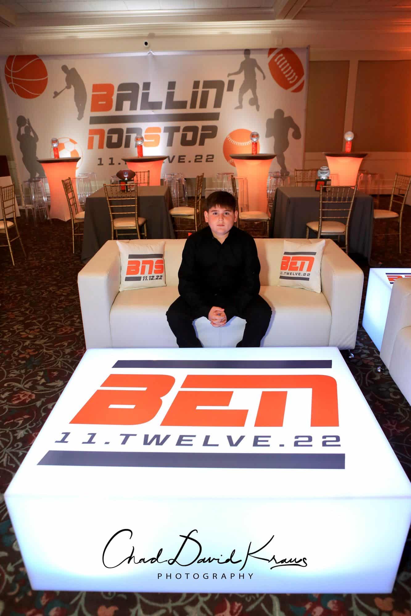 ESPN Themed Bar Mitzvah Lounge with Custom Logo Mural and LED Coffee Tables with Logo Decal at Hampshire Country Club