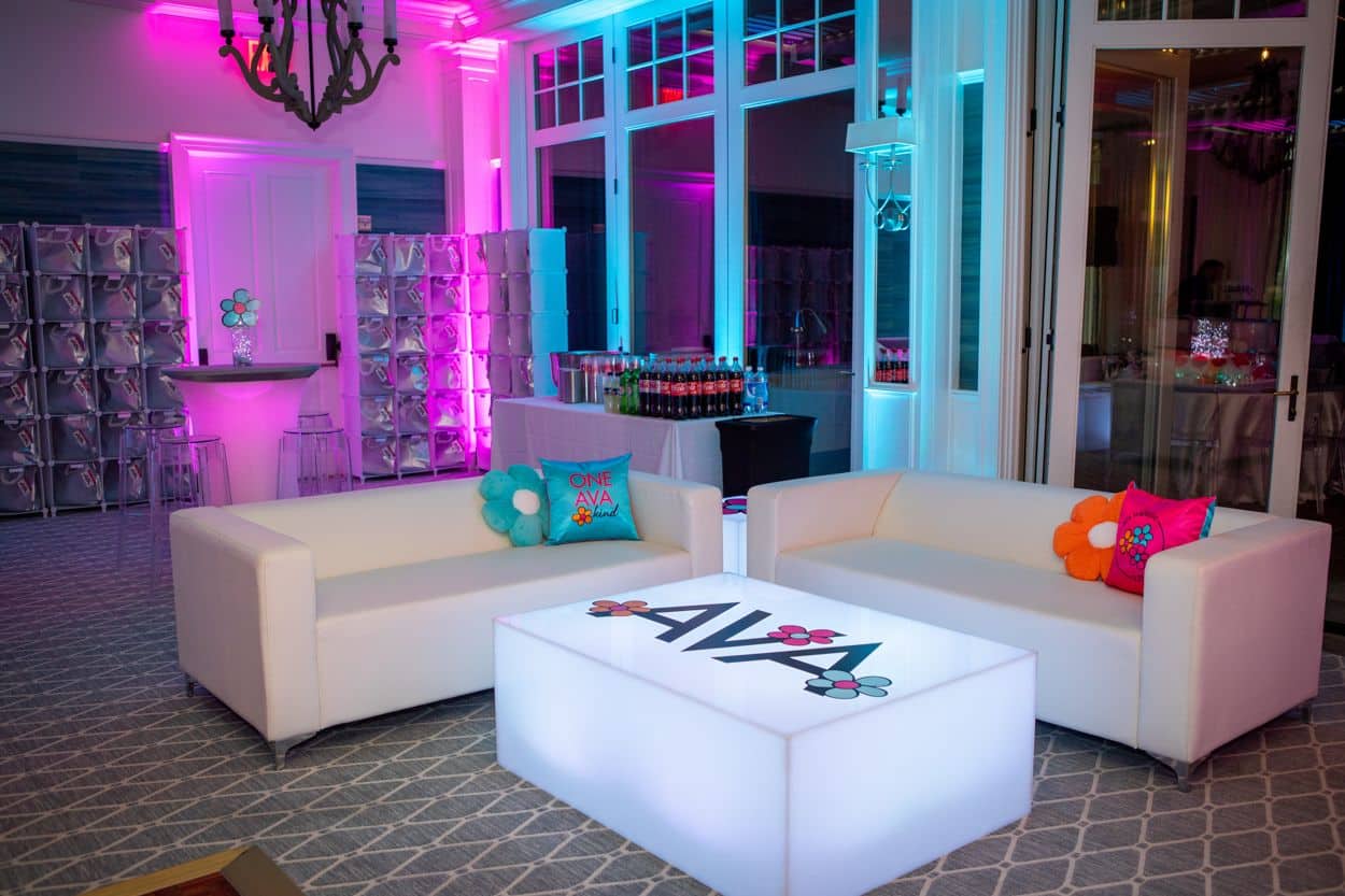 Flower Themed Bat Mitzvah Lounge with LED Logo Tables at Whippoorwill Club