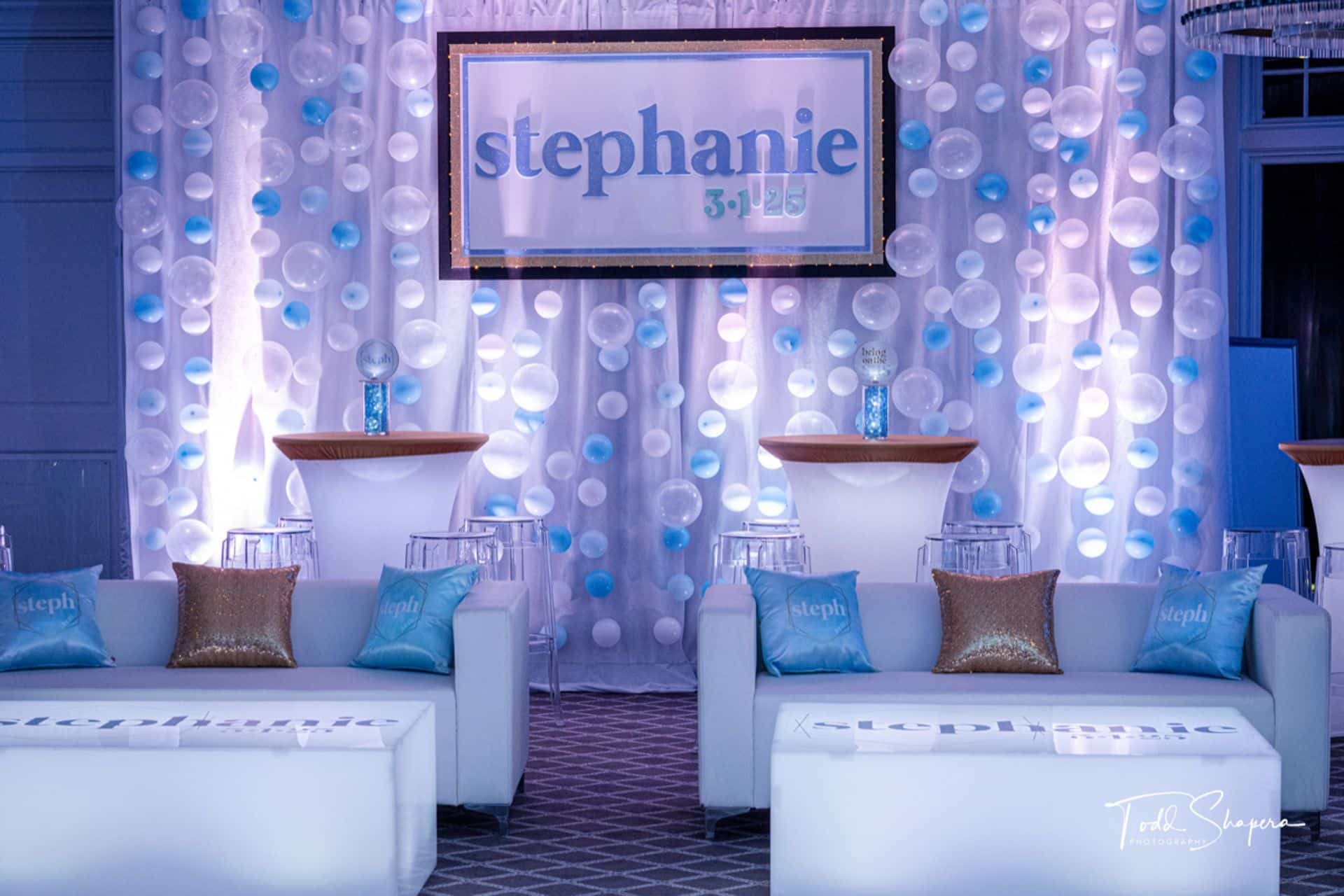Bat Mitzvah Lounge with Custom Branded Tables and LED Bubble Wall at Scarsdale Golf Club