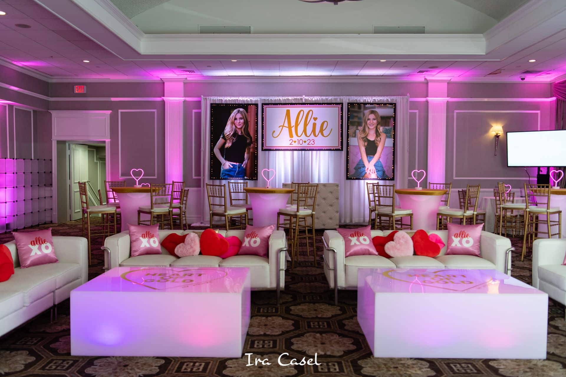 Bat Mitzvah Lounge with Logo LED Tables, High Tops, Custom Pillows, Custom Logo Backdrop and Blow Up Photos at Cedar Hill Country Club