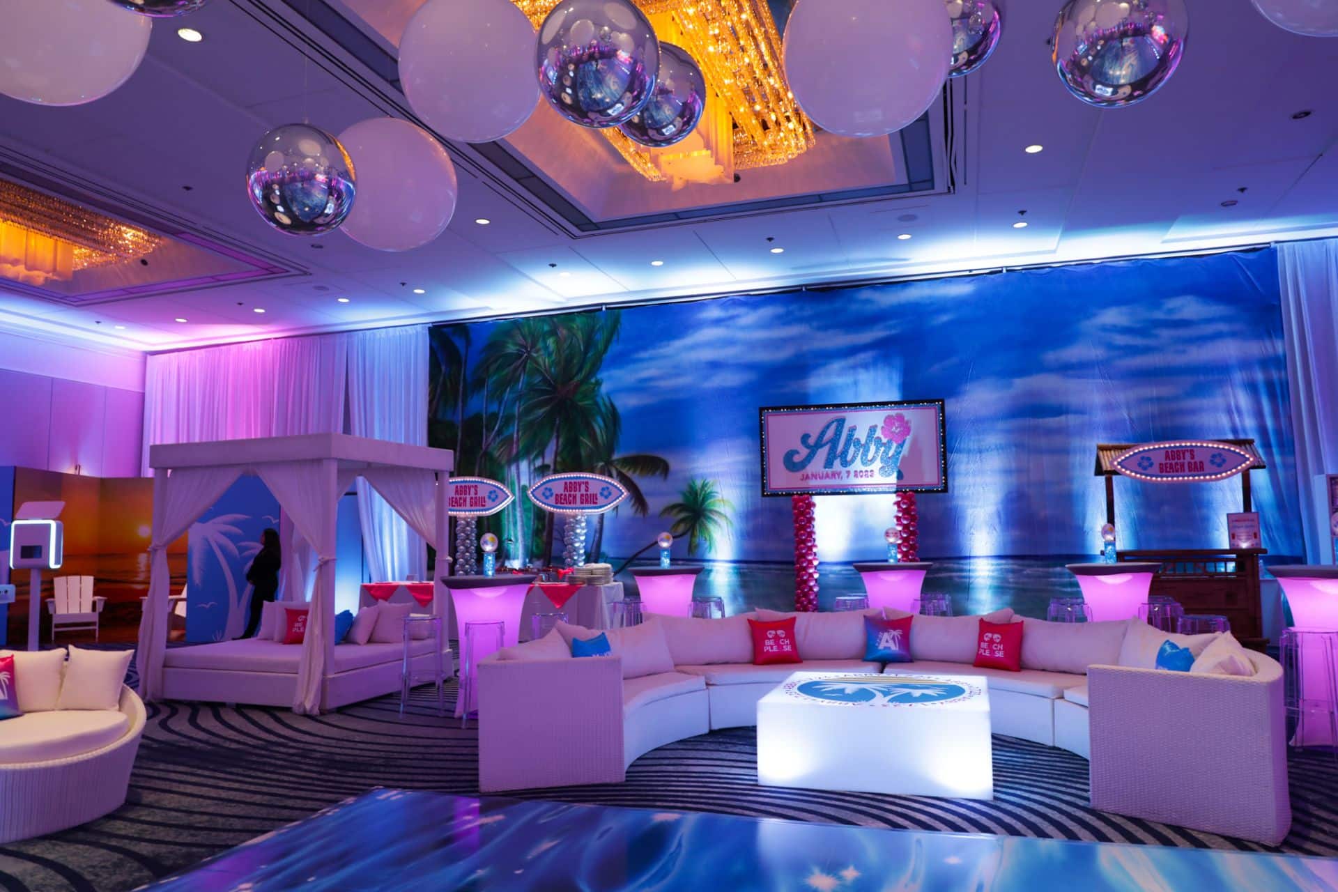 Tropical Themed LED Lounge Setup with Cabanas and Beach Wall Mural at Hyatt Regency, Greenwich CT