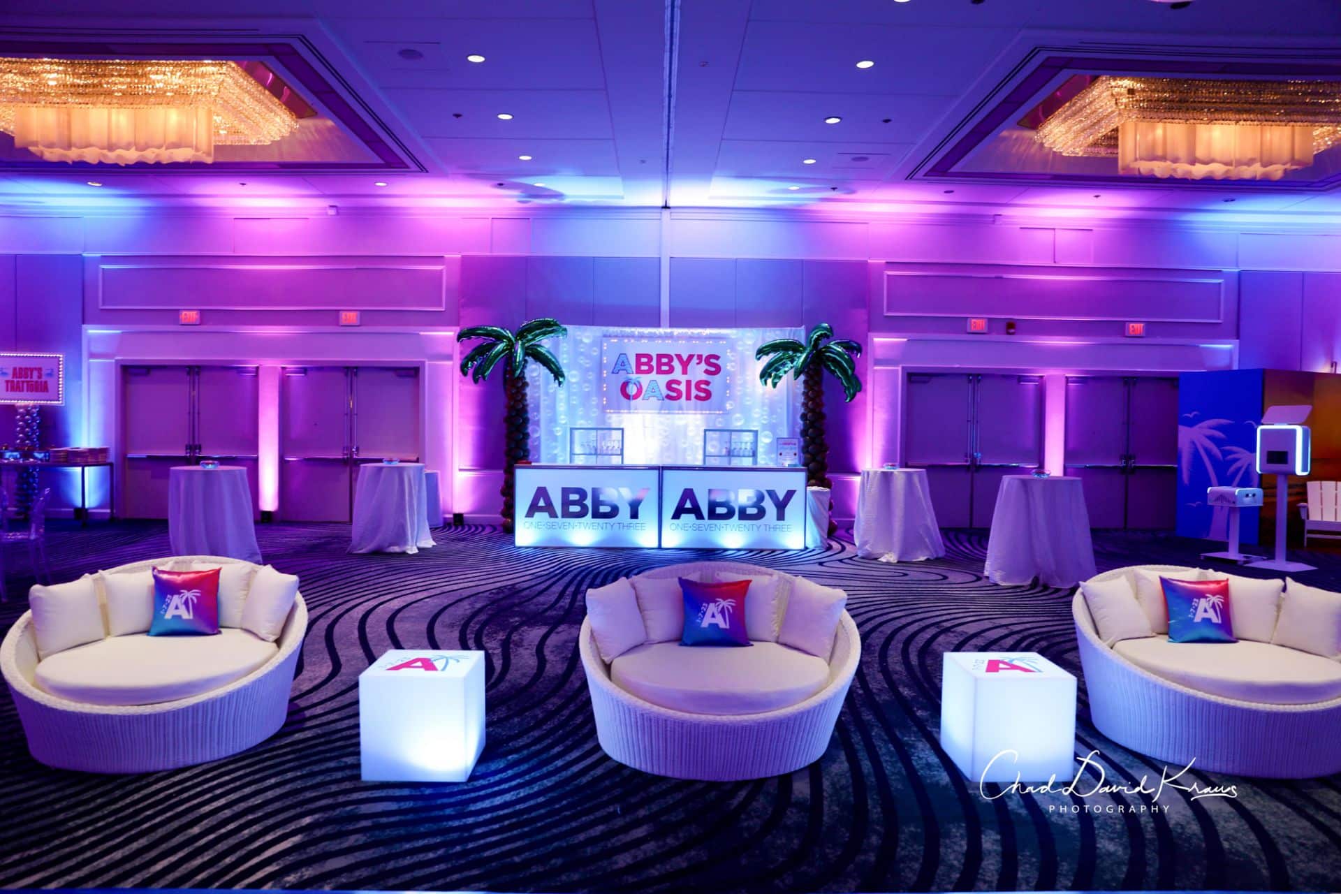 Beach Themed Lounge Chair Ottomans with Custom LED Logo Cubes and Pillows for Beach Themed Bat Mitzvah at Greenwich Hyatt