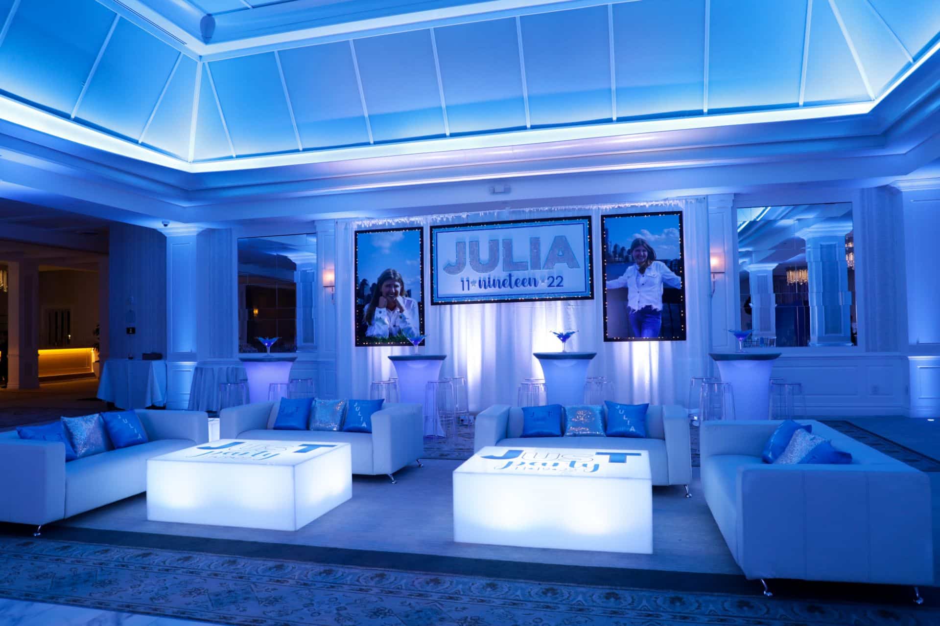 Blue Bat Mitzvah Lounge with Custom Glittered Backdrop and Blowup Photos at Edgewood Country Club