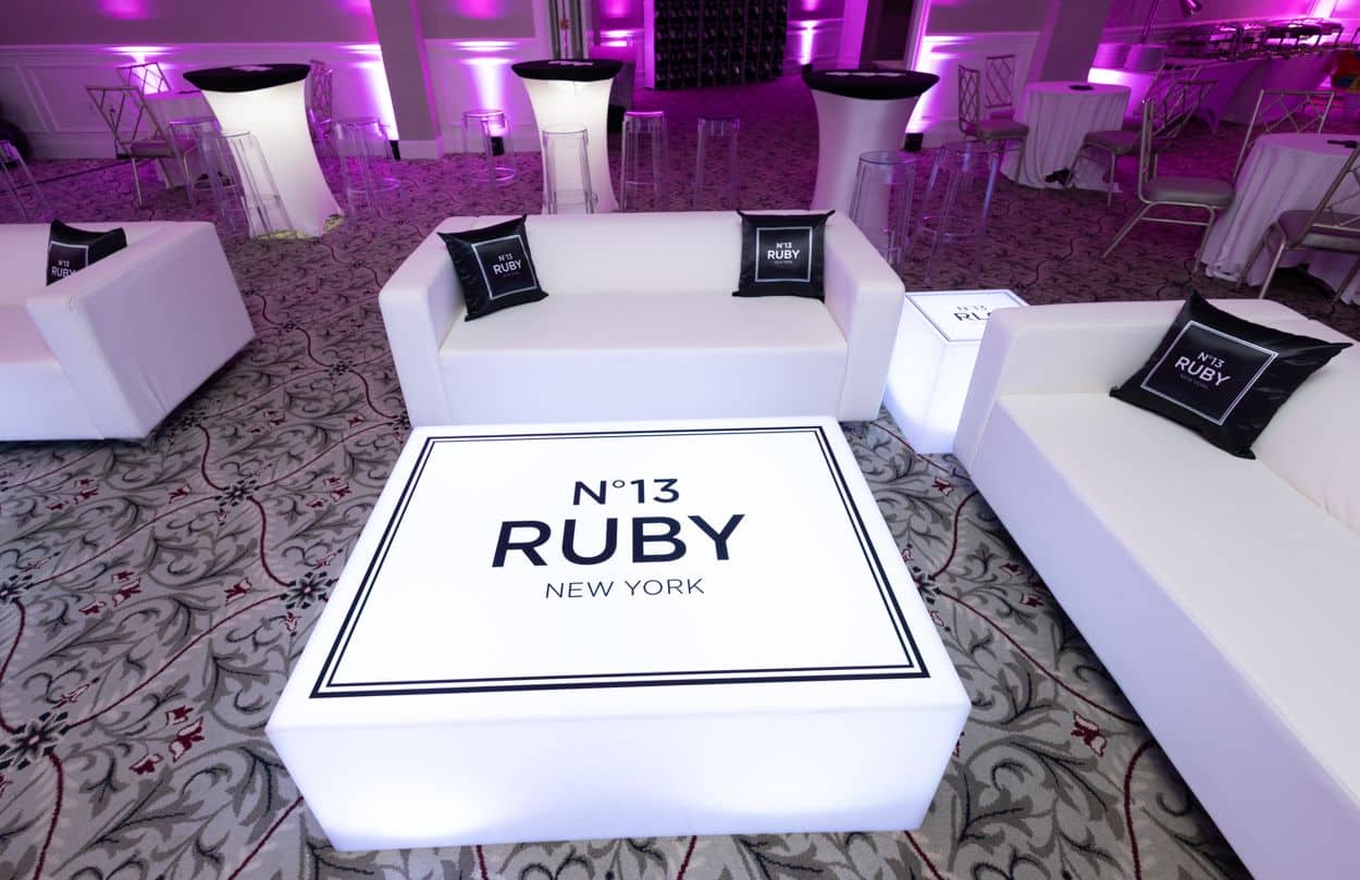 Chanel Themed Bat Mitzvah Lounge with Branded Tables at Harrison Meadows