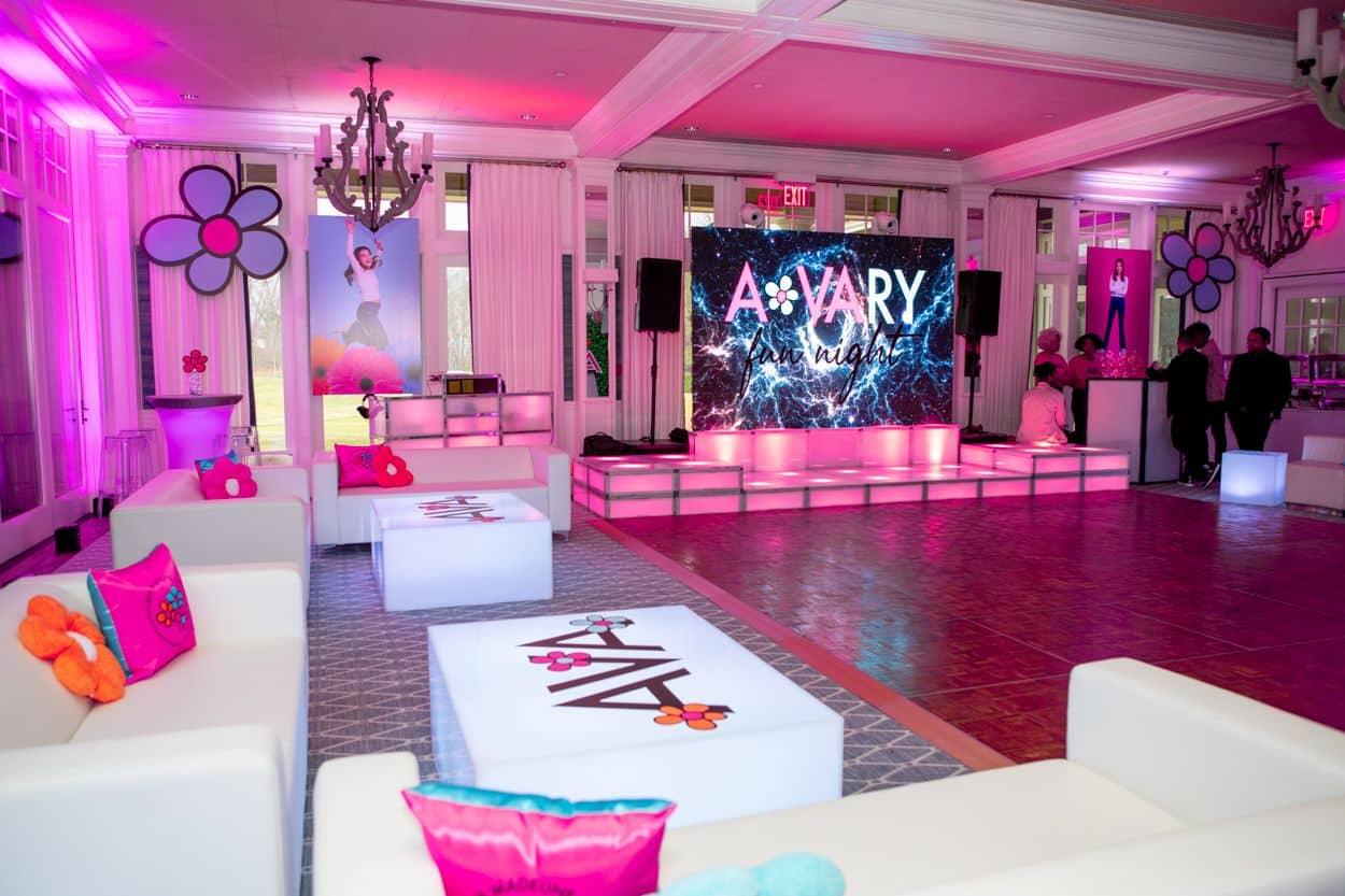 Flower Themed Bat Mitzvah Lounge with LED Logo Tables at Whippoorwill Club