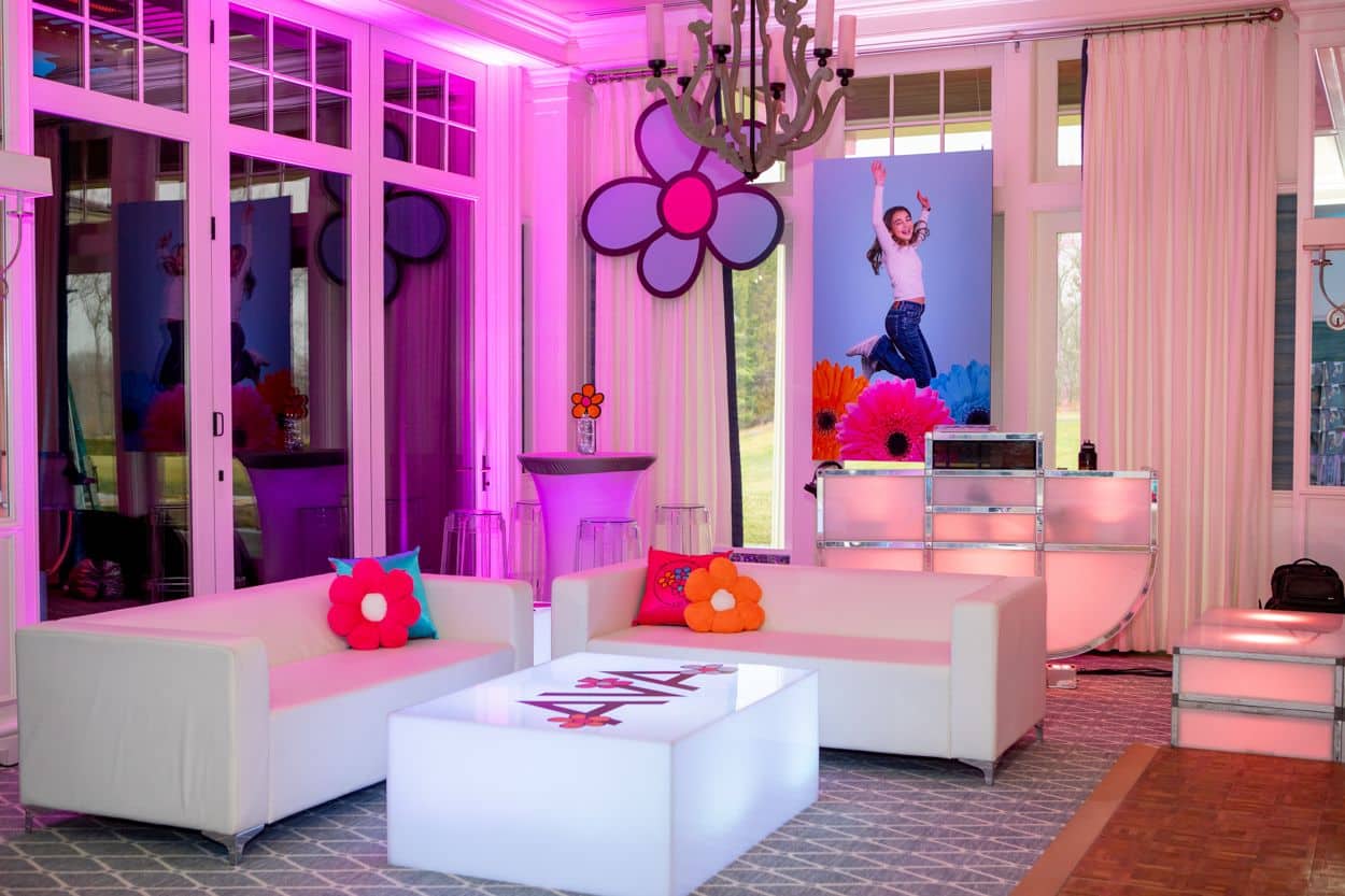 Flower Themed Bat Mitzvah Lounge with LED Logo Tables at Whippoorwill Club