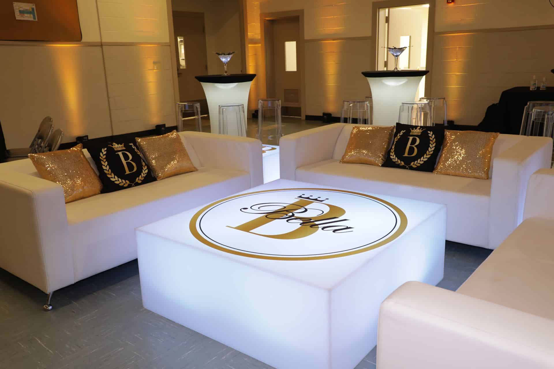 Hot Pink and Gold Lounge Setup with Custom Glittered Backdrop & Blowup Photos at Hudson Loft, Irvington