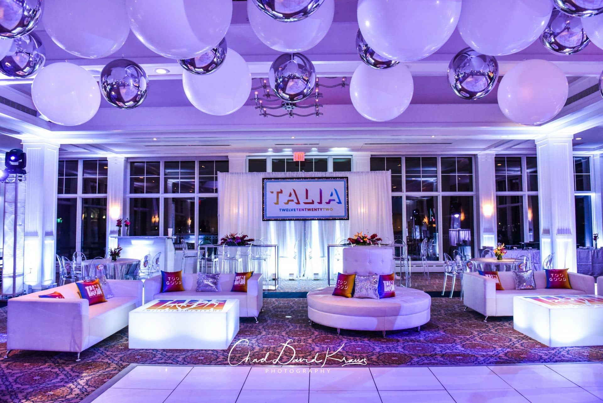 Beach Themed LED Lounge Setup with Custom Backdrop on LED Pipe and Drape at Beach Point Club