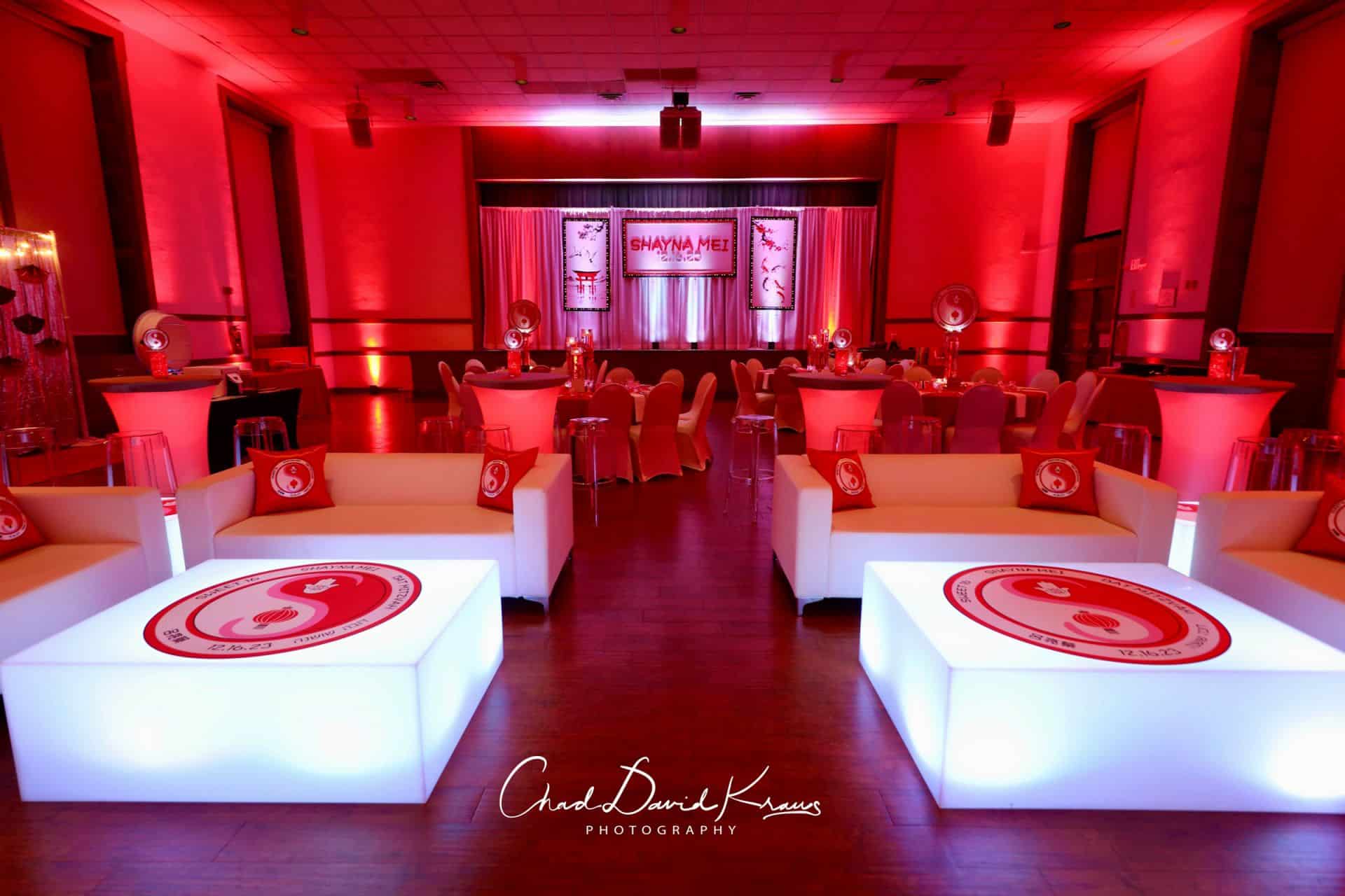 Custom LED Lounge Setup with Logo Tables and LED Highboys for Asian Themed Bat Mitzvah at Temple Israel Center, White Plains