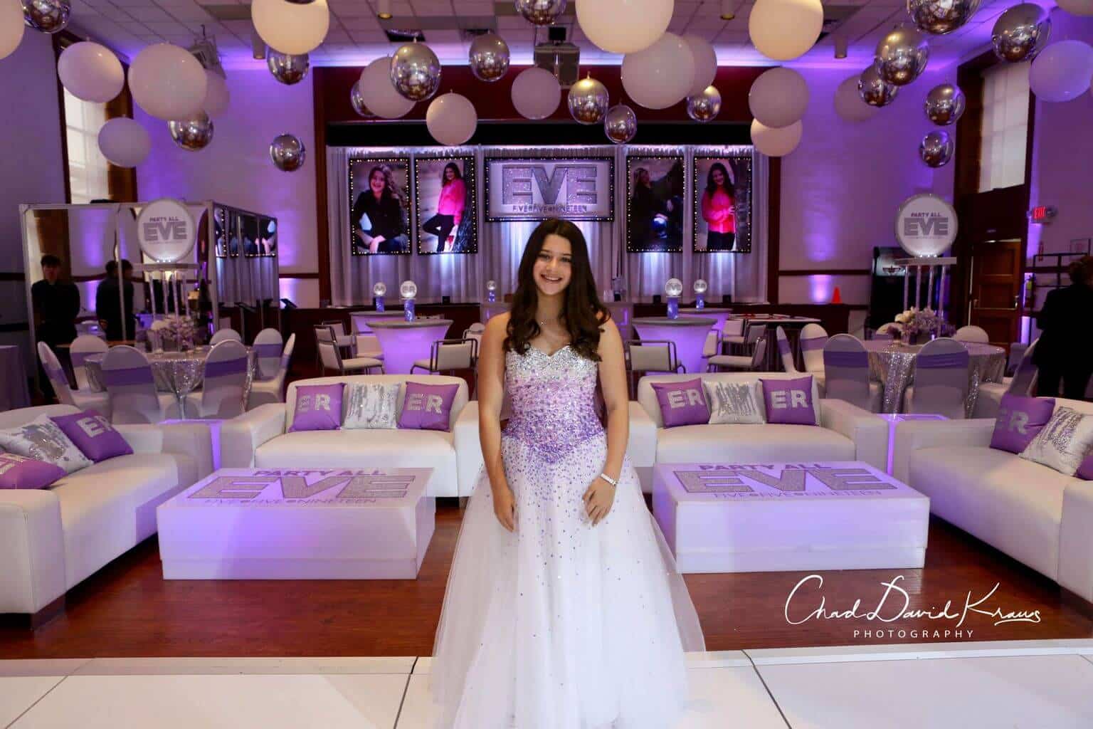 Lavender and Silver Bat Mitzvah Lounge with LED Logo Tables, Custom Pillows and Glittered Logo Backdrop and Blowup Photos at Temple Israel Center
