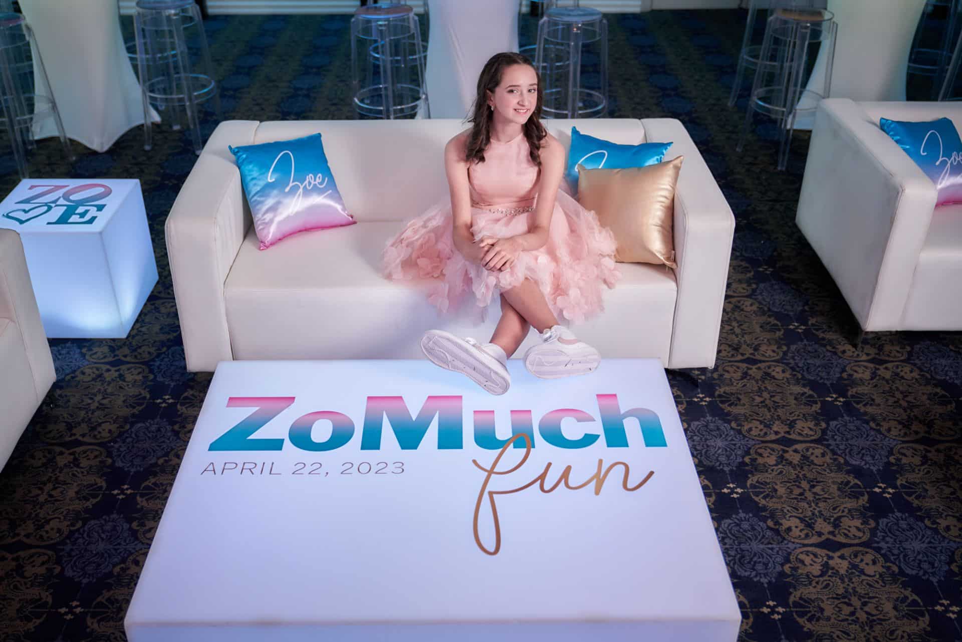 Bat Mitzvah Lounge with Custom LED Logo Tables and Custom Pillows