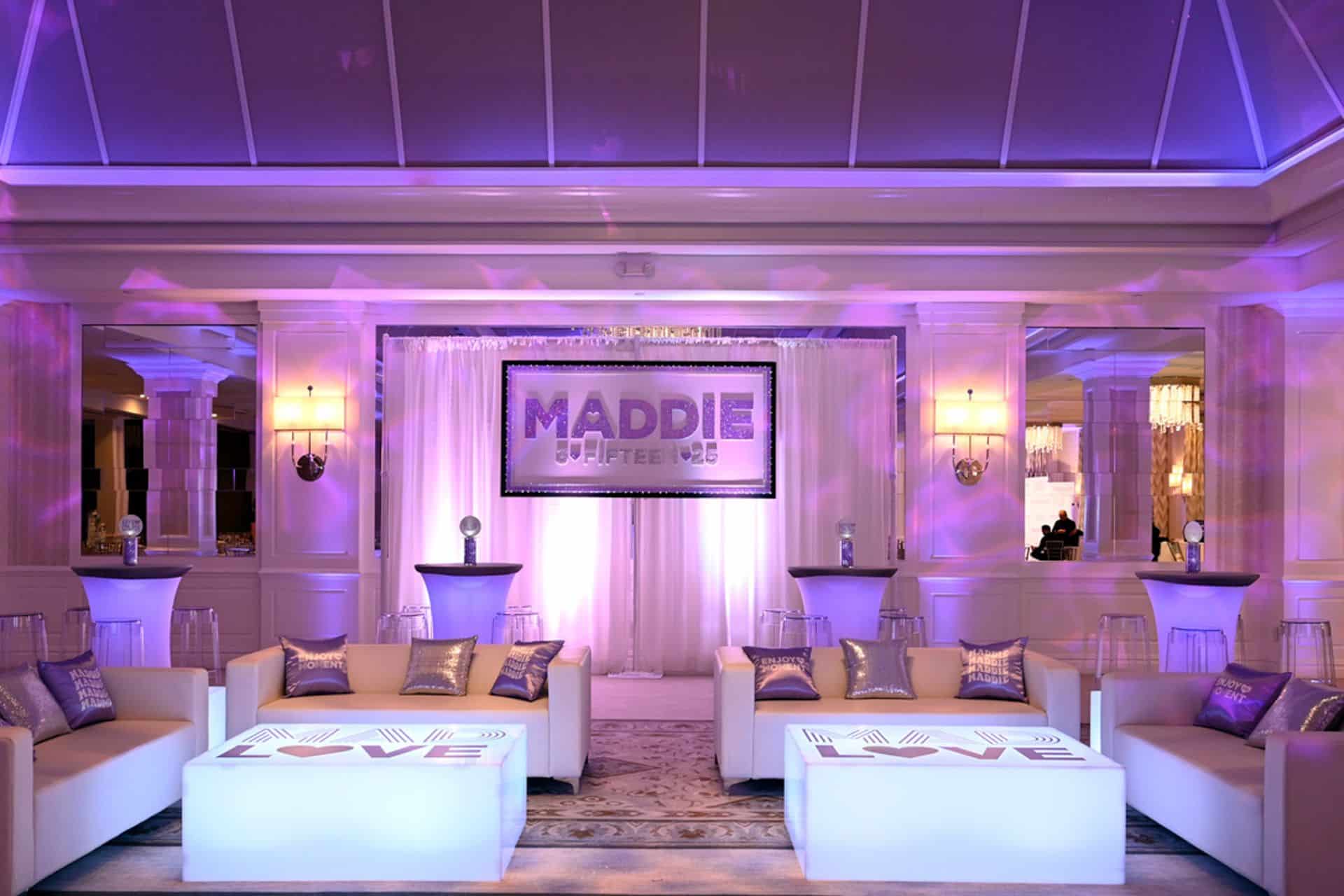 Lavender Bat Mitzvah Lounge with Branded Tables and Custom Name Backdrop at Edgewood Country Club