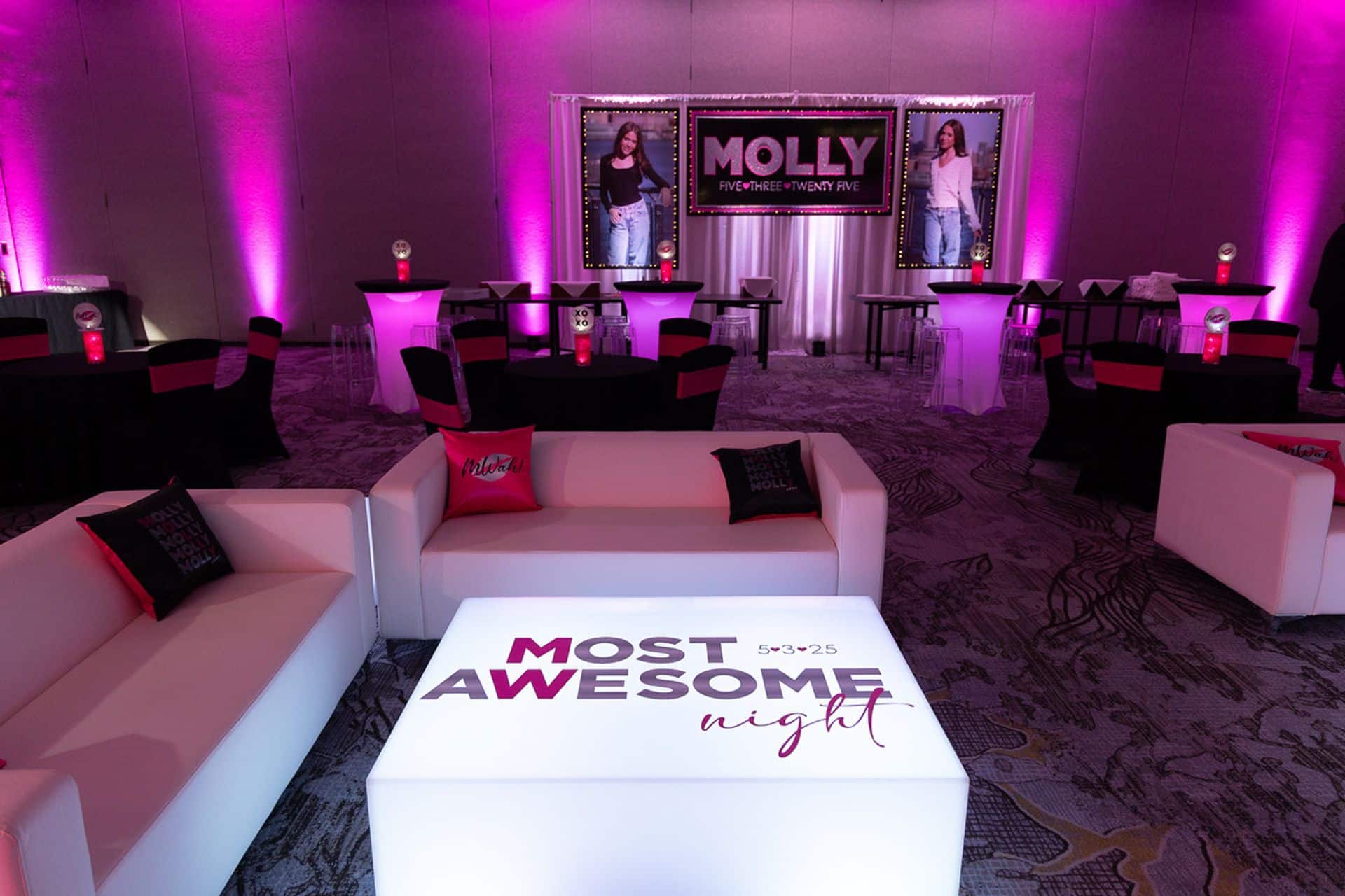 Custom LED Bat Mitzvah Lounge with Branded Tables at the Park Ridge Marriott