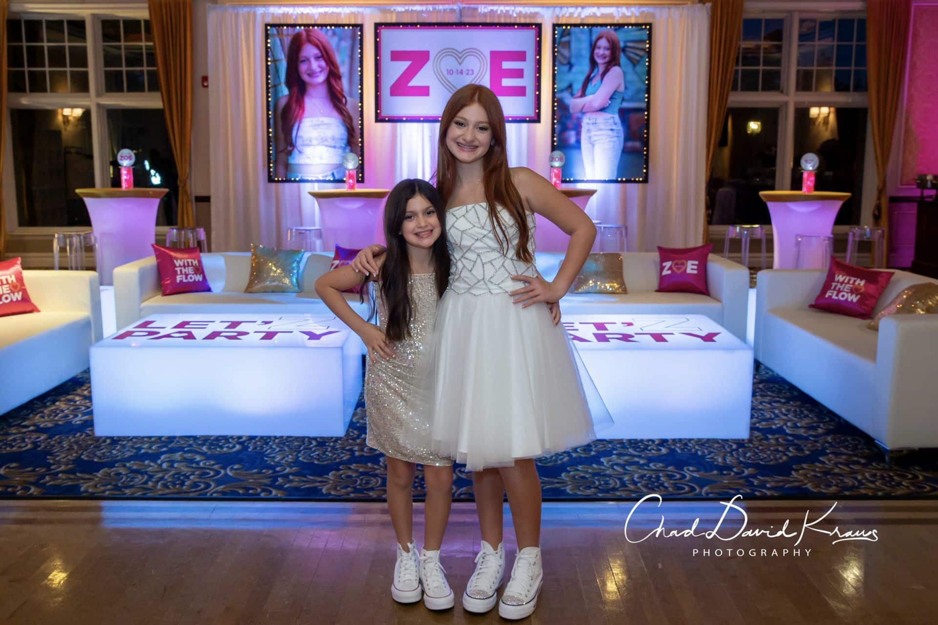 Bat Mitzvah Lounge with LED Logo Tables, Custom Pillows and Backdrop with Blowup Photos at VIP County Club