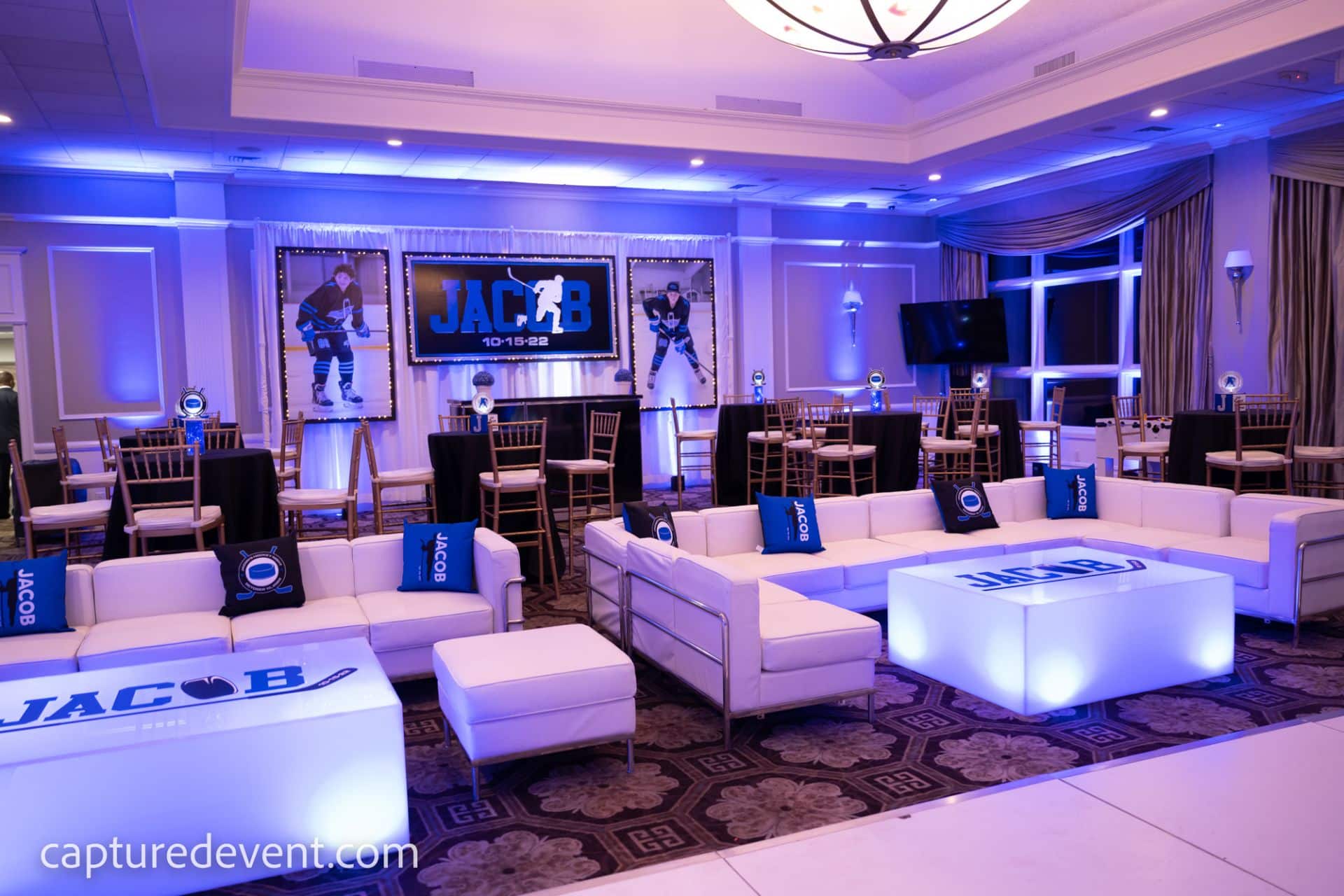 Custom LED Coffee Tables with Logo Decals for Hockey Themed Lounge at Cedar Hill Country Club