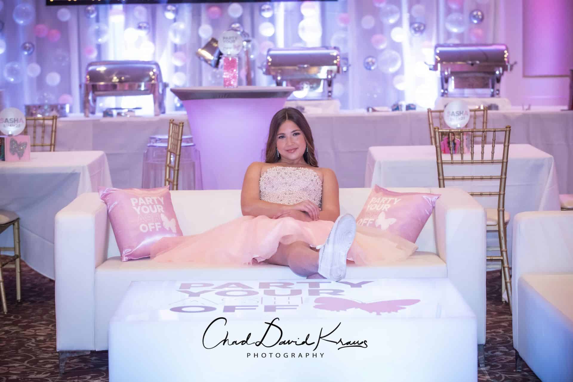 LED Bat Mitzvah Lounge with Custom Logo Tables, Custom Pillows and High Top Tables