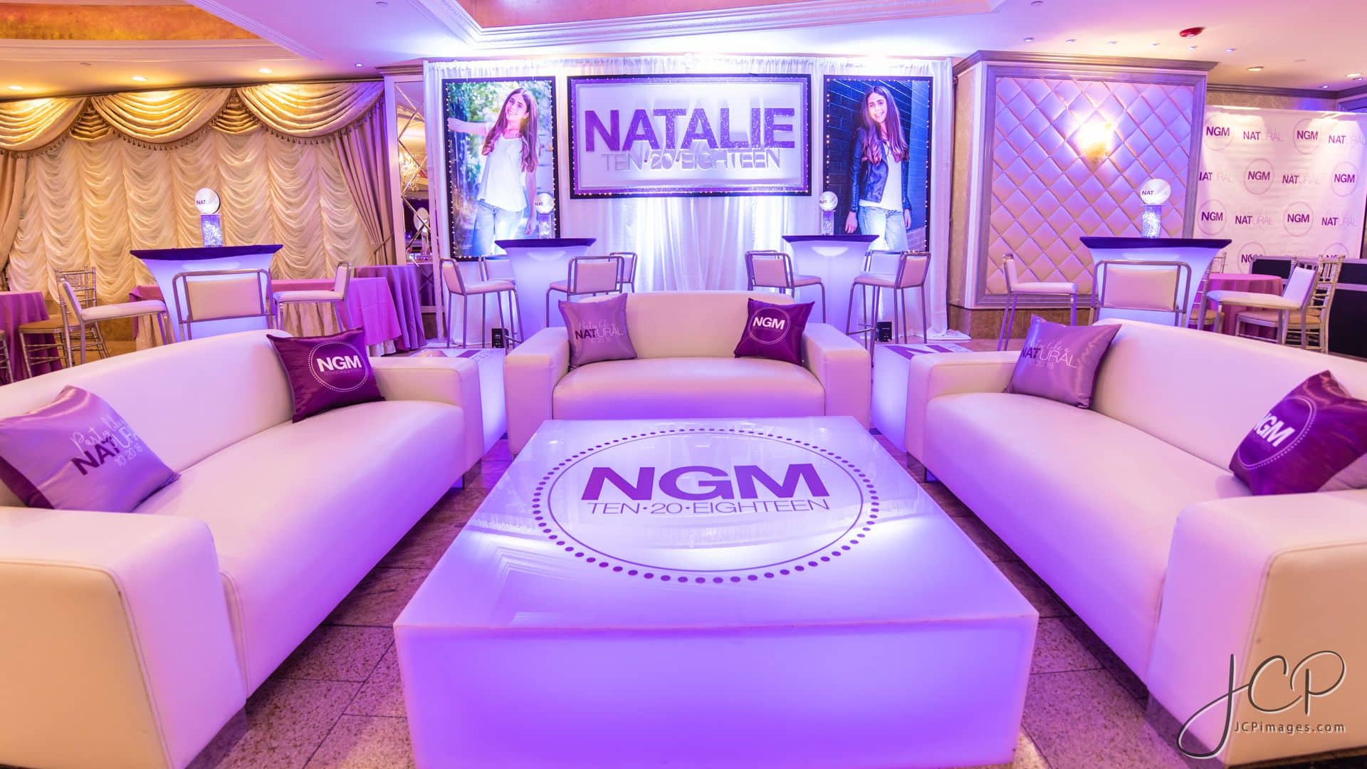 Purple LED Lounge with Custom Pillows for a Bat Mitzvah at Seasons Catering