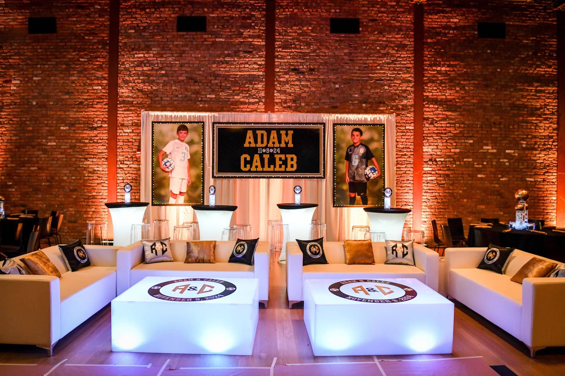 Custom Soccer Themed LED Lounge with Custom Pillows for a B'nai Mitzvah at The Roundhouse, Beacon
