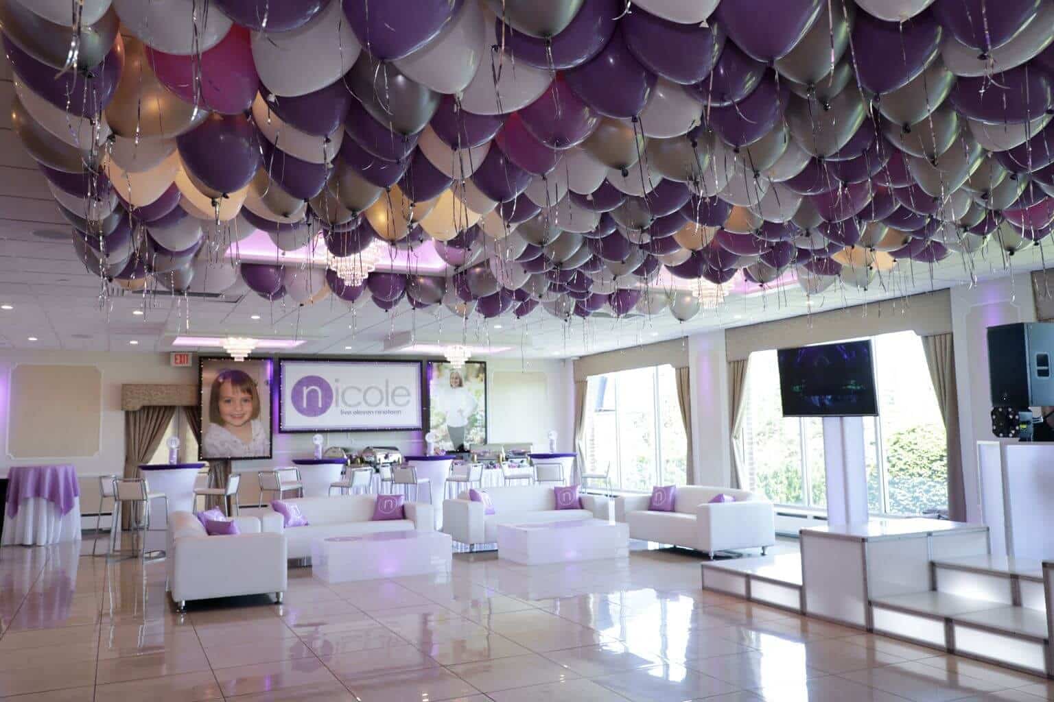 Custom Bat Mitzvah Lounge with Logo Backdrop and Blowup Photos at the Davenport Mansion