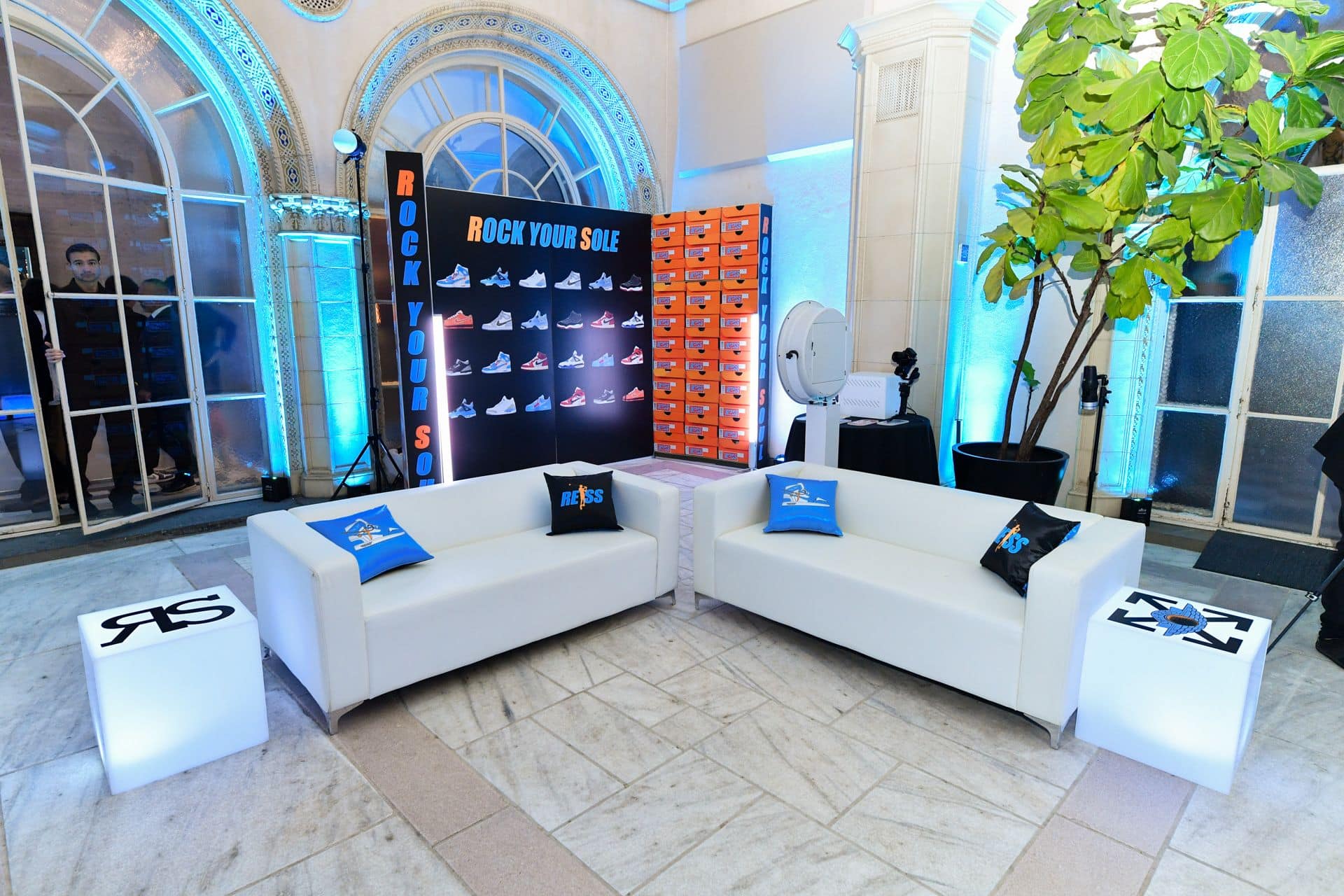 Custom Lounge with Custom Pillows for a Off White Theme Bar Mitzvah at Village Club of Sandspoint