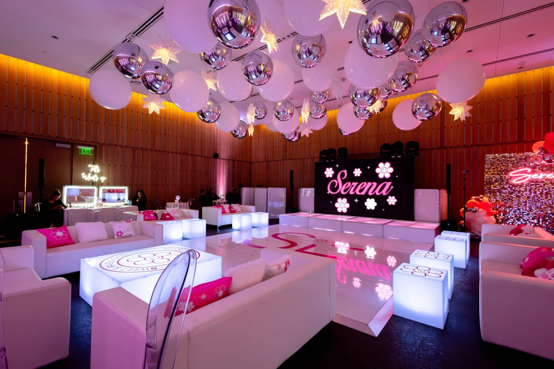 Flower Themed Bat Mitzvah Lounge with Branded Tables and Custom Pillows at The Bruce Museum