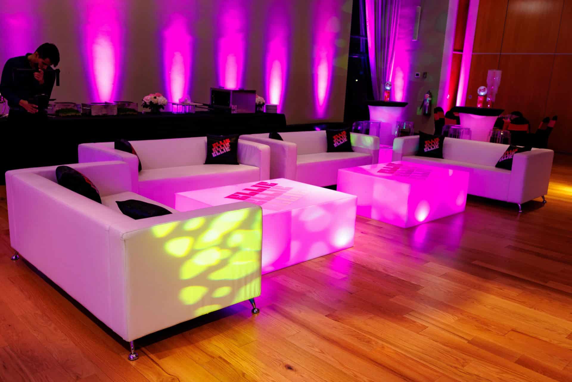 Bat Mitzvah LED Lounge with Custom Decals on Coffee Tables and Logo Pillows at CSAIR, Riverdale