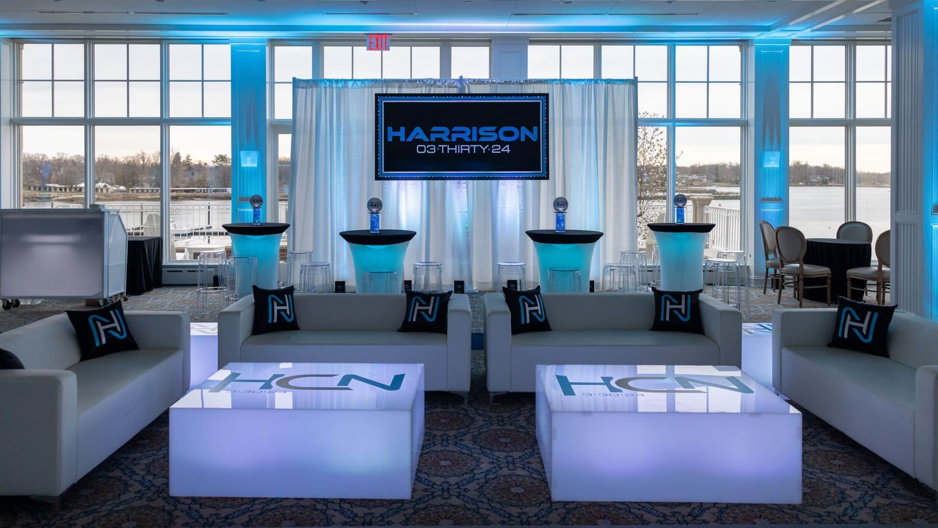 Custom LED Lounge and Pillows with LED Drape and Name Backdrop at Beach Point Club