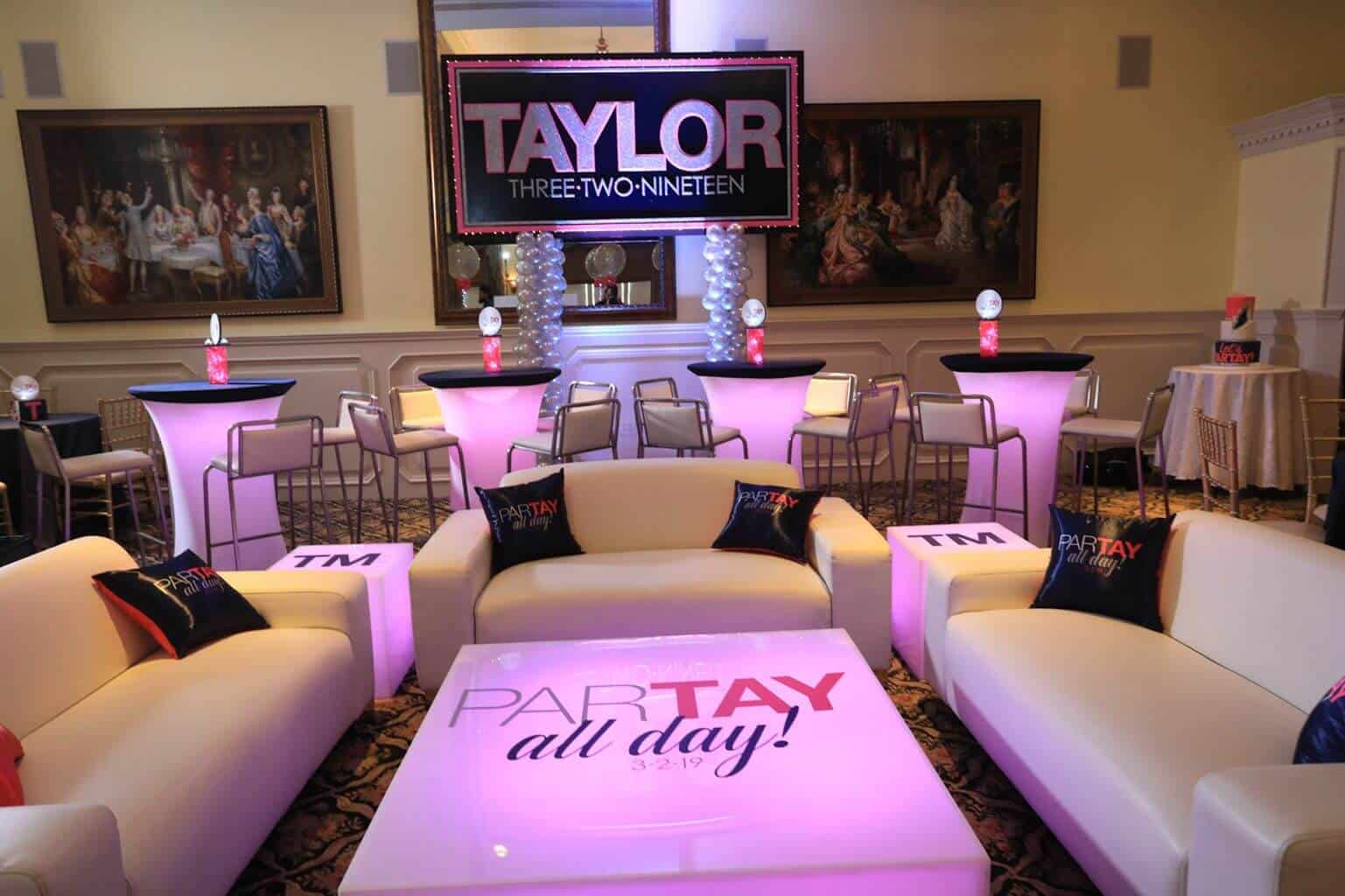 Custom Bat Mitzvah Lounge with LED Logo Table and Custom Pillows at The Brickhouse, Wycoff