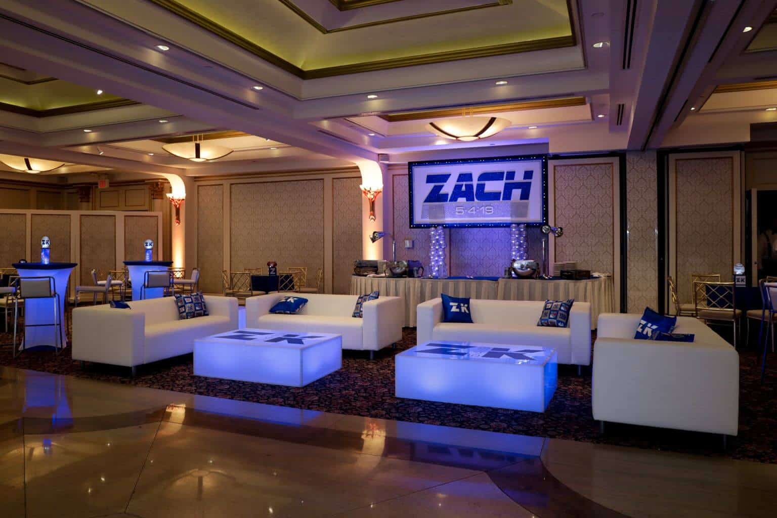 ESPN Bar Mitzvah Lounge with LED Logo Tables and Custom Pillows at Glen Island Harbour Club