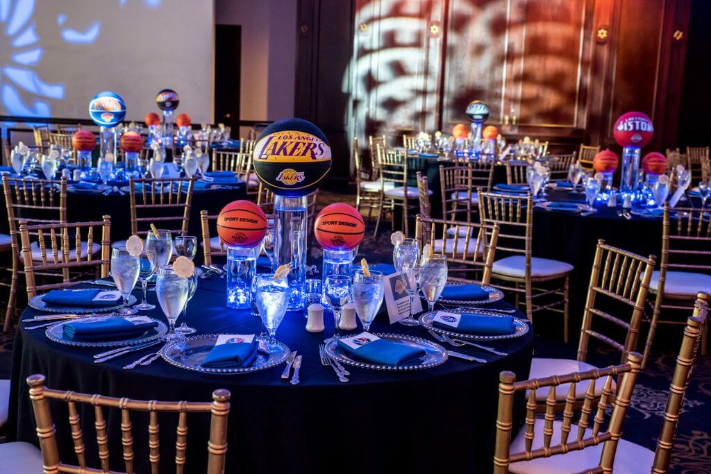 Custom Basketball Centerpiece with LED Cylinders and Team Basketballs