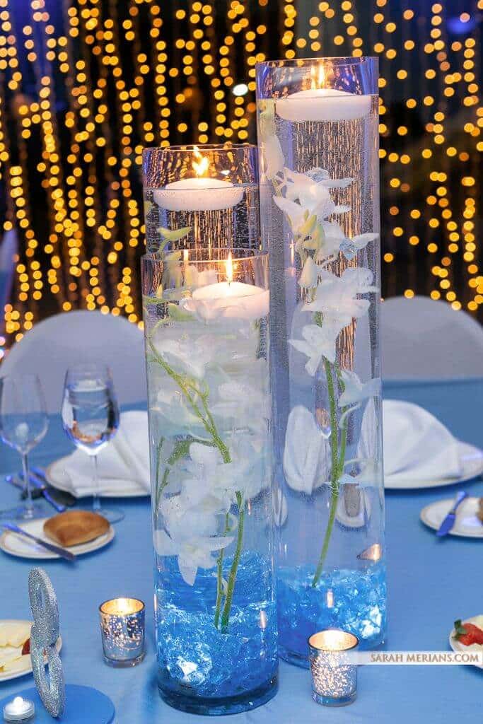LED Orchid Centerpiece with Light Blue Chips and Floating Candles