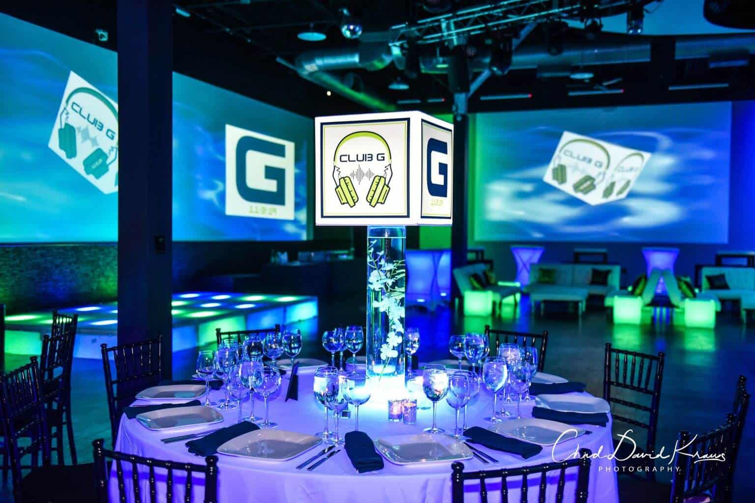 Bar Mitzvah Lampshade Centerpiece with Custom Logos and LED Lighting at Vibe