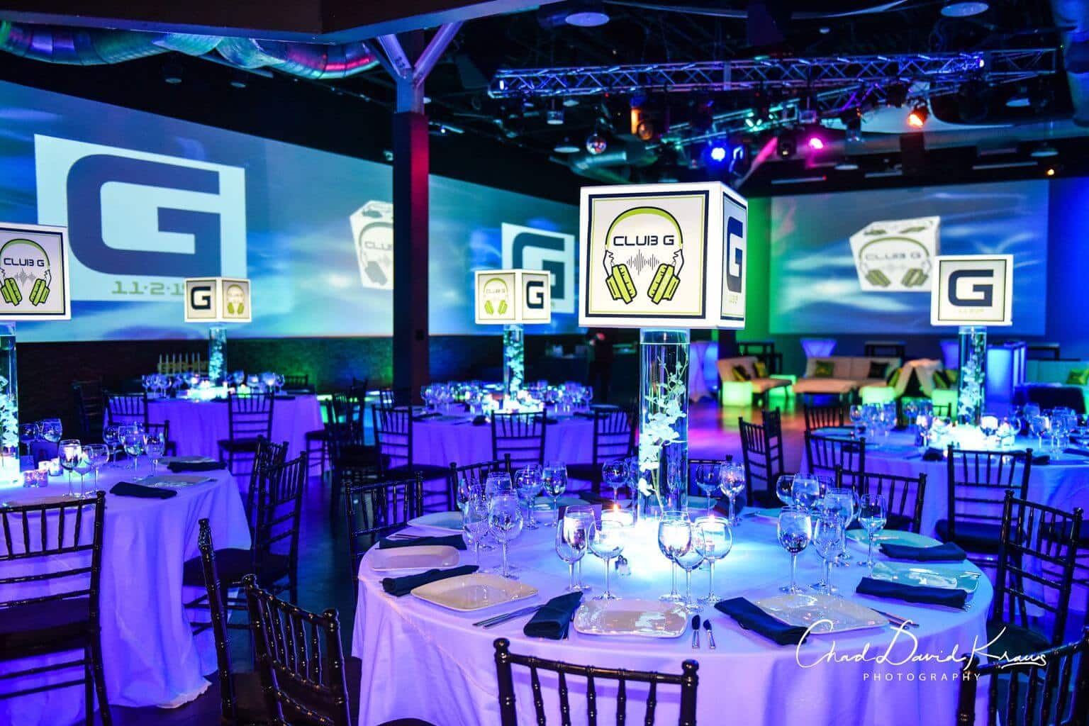 Bar Mitzvah Lampshade Centerpiece with Custom Logos and LED Lighting at Vibe