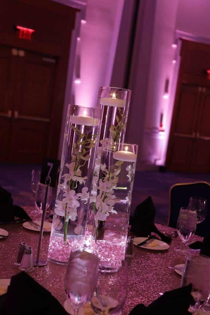 LED Orchid Centerpiece with Light Pink Crystal Chips and Floating Candles