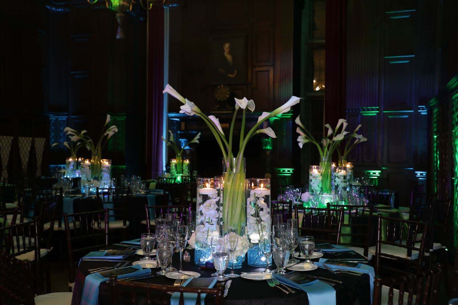 Floral Centerpiece with Colored Chips & LED Lighting for Neon Themed Bat Mitzvah at Reid Castle