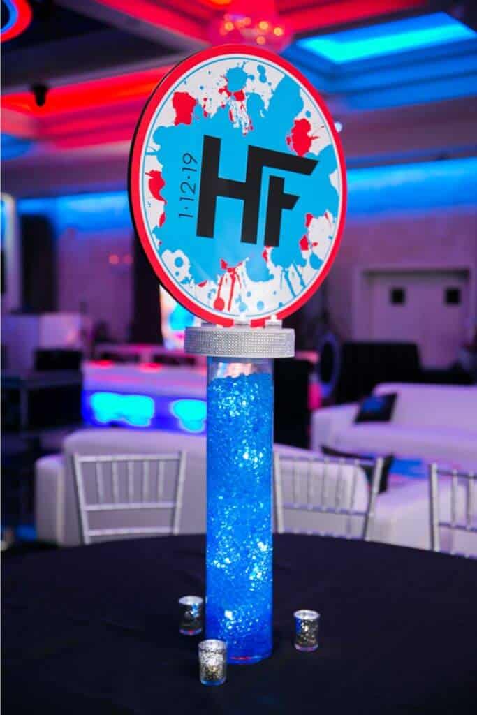 LED Logo Centerpiece for Splatter Paint Themed Bat Mitzvah