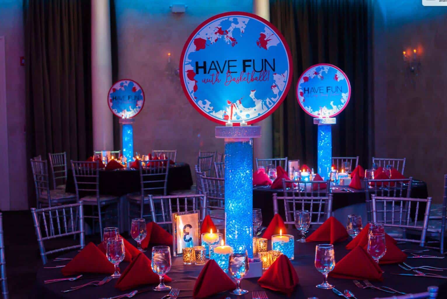 LED Logo Centerpiece for Splatter Paint Themed Bat Mitzvah