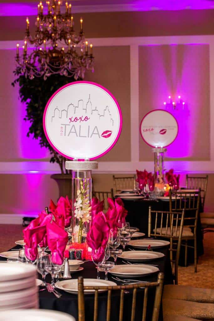 Gossip Girl Themed Bat Mitzvah Centerpiece with Custom Logo and Orchids