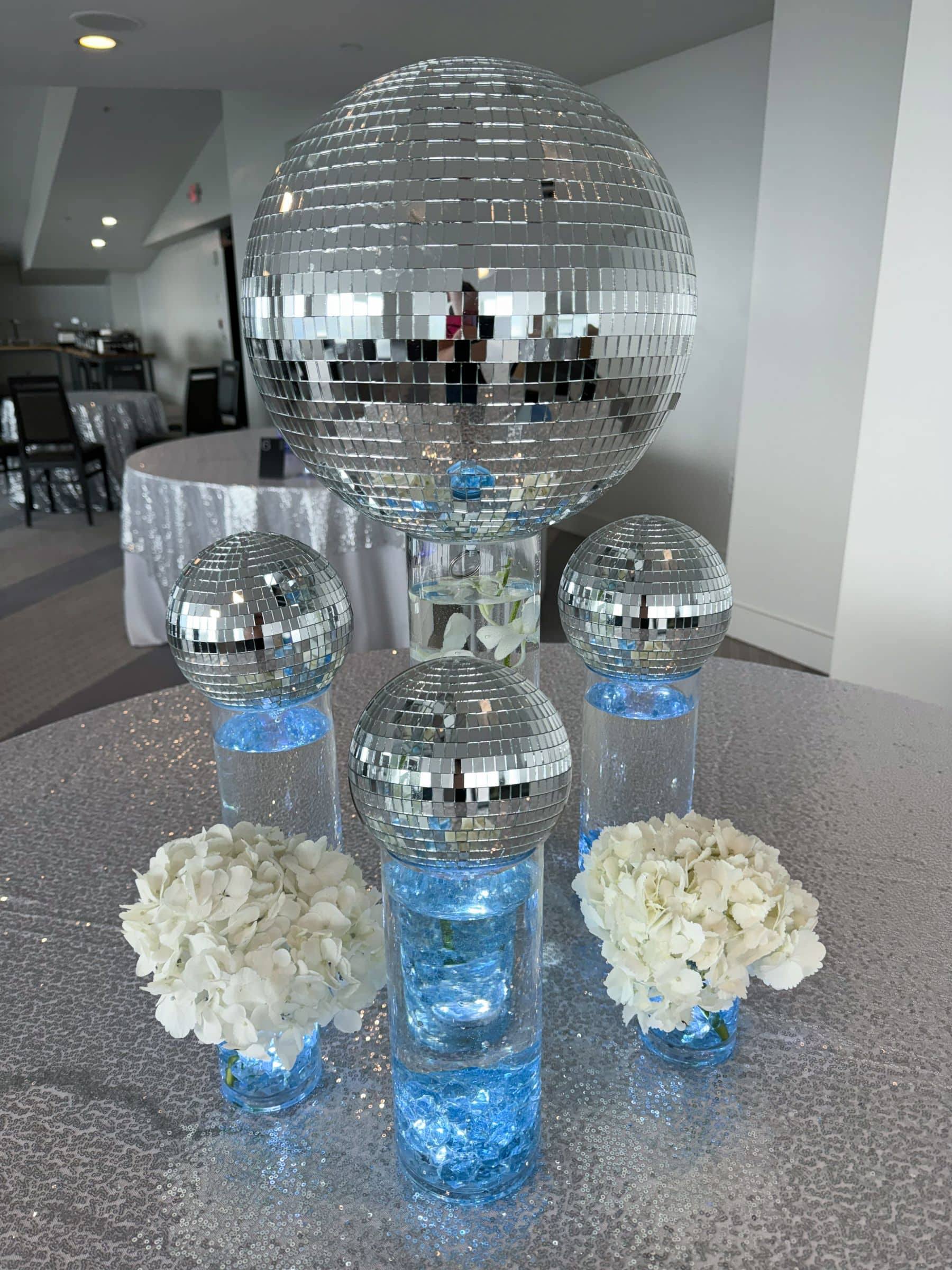 Disco Ball Centerpiece with LED Chips and Hydrangeas