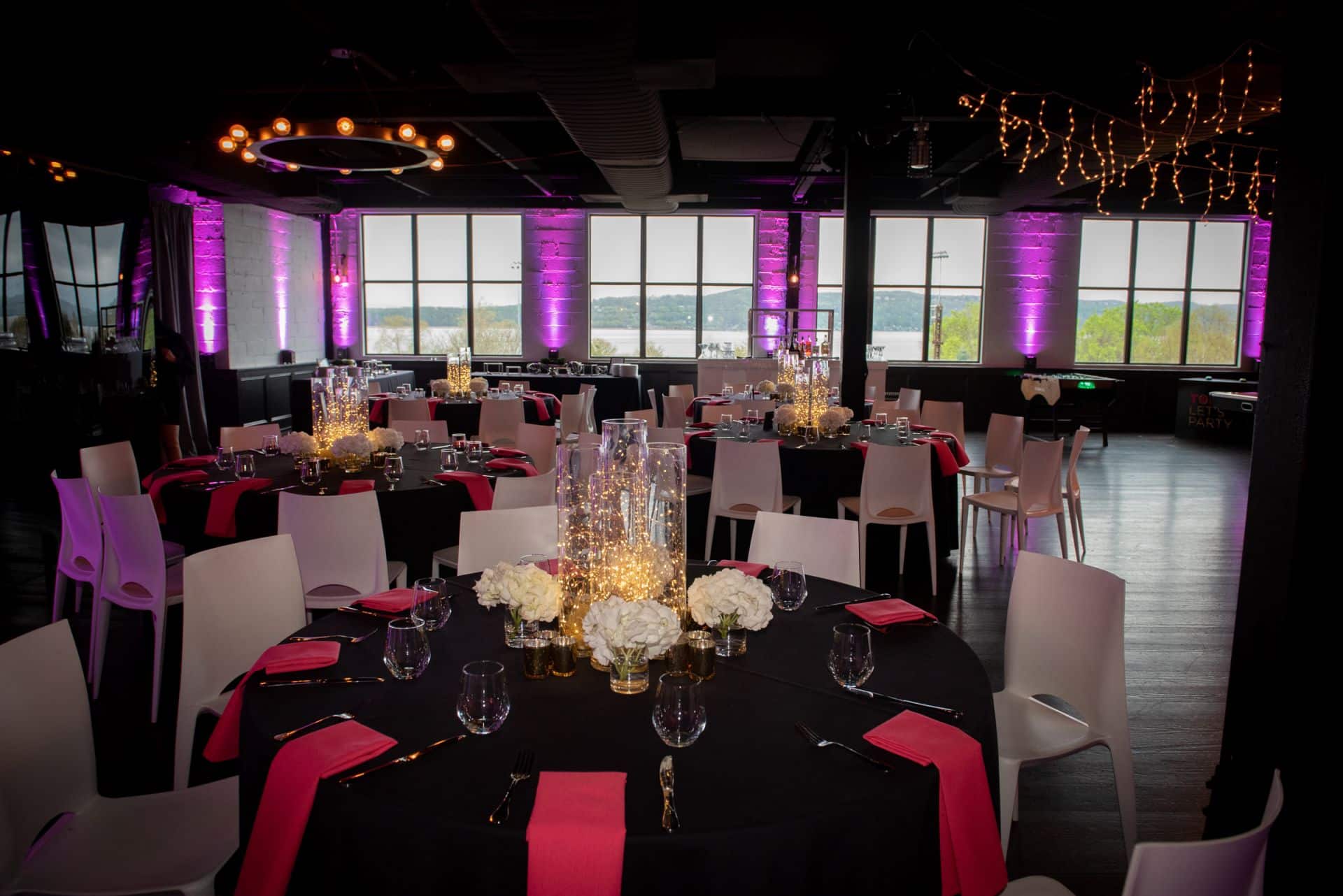 LED Fairy Lights Centerpiece with Hydrangea Accents for Bat Mitzvah at Hudson Loft, Irvington