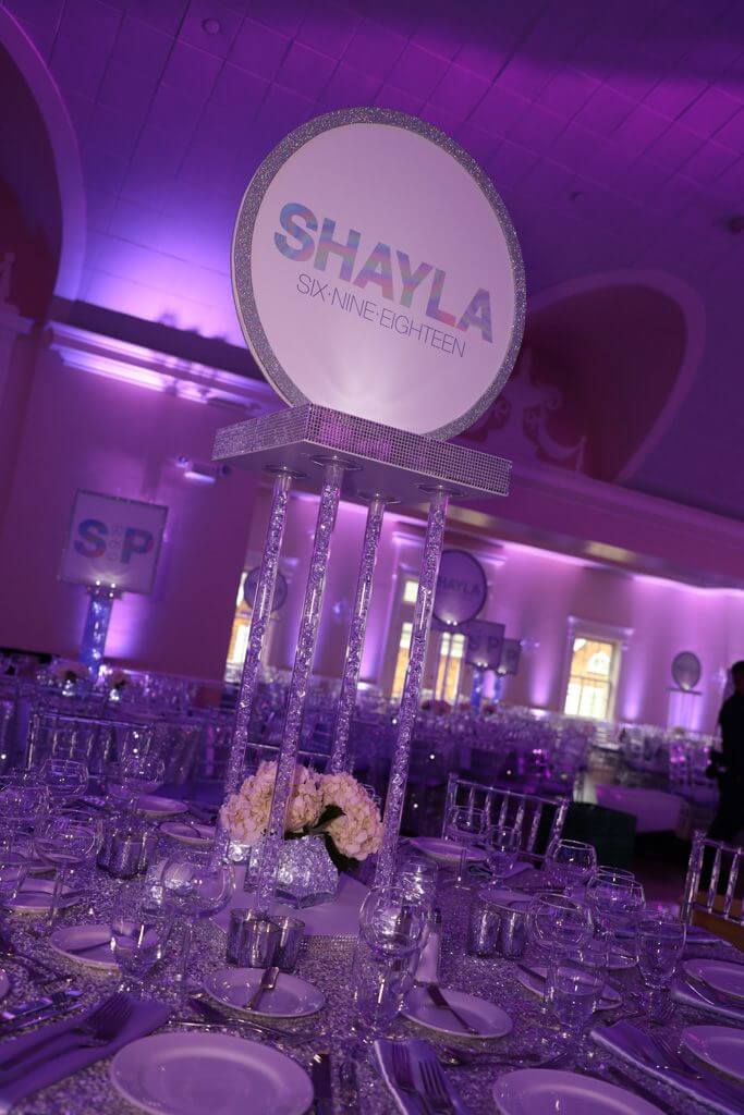 Hollographic Themed Centerpiece with Custom Logo and Hydrangeas