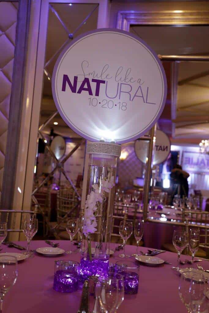 Custom Logo Centerpiece with LED Cylinders and Orchids