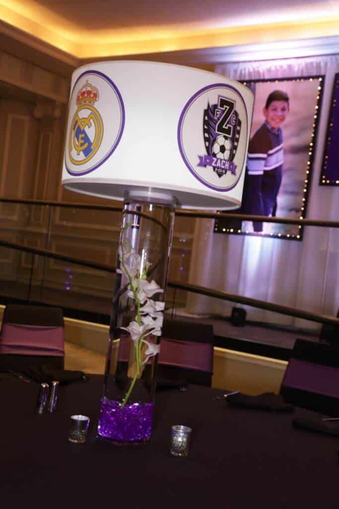 Soccer Themed Lampshade with Custom Logo and Team Logos on LED Orchid Cylinder
