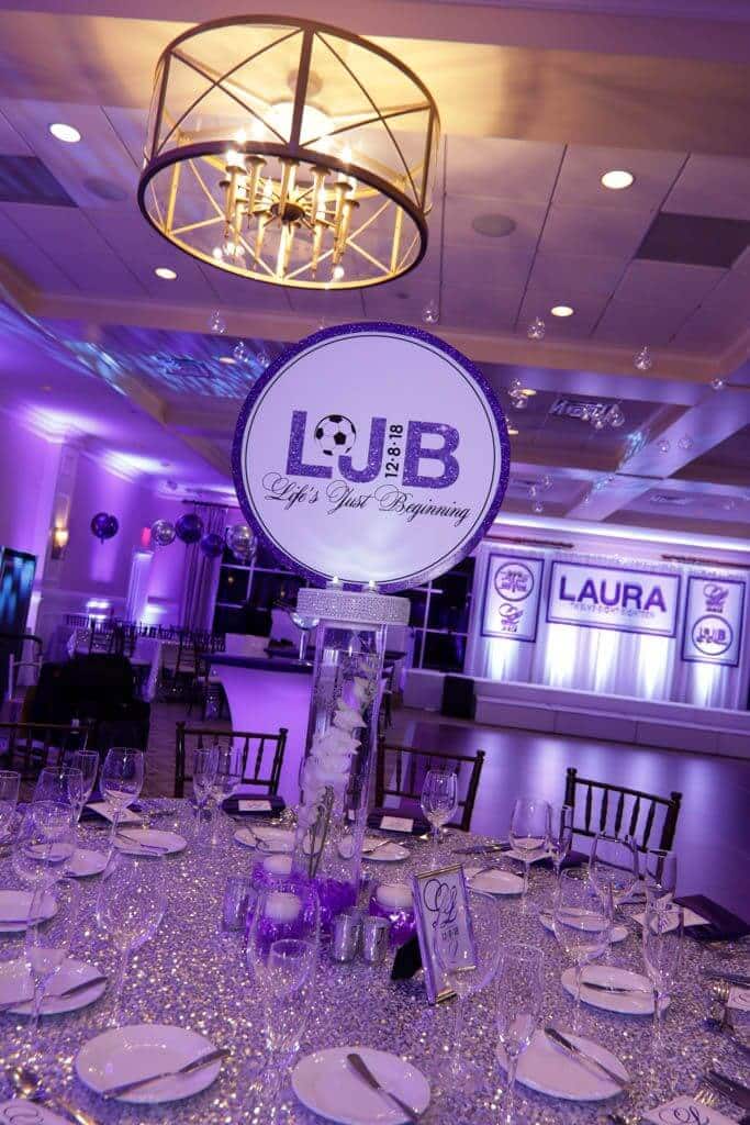 Bat Mitzvah Logo Centerpiece with LED Orchids and Custom Logo Topper
