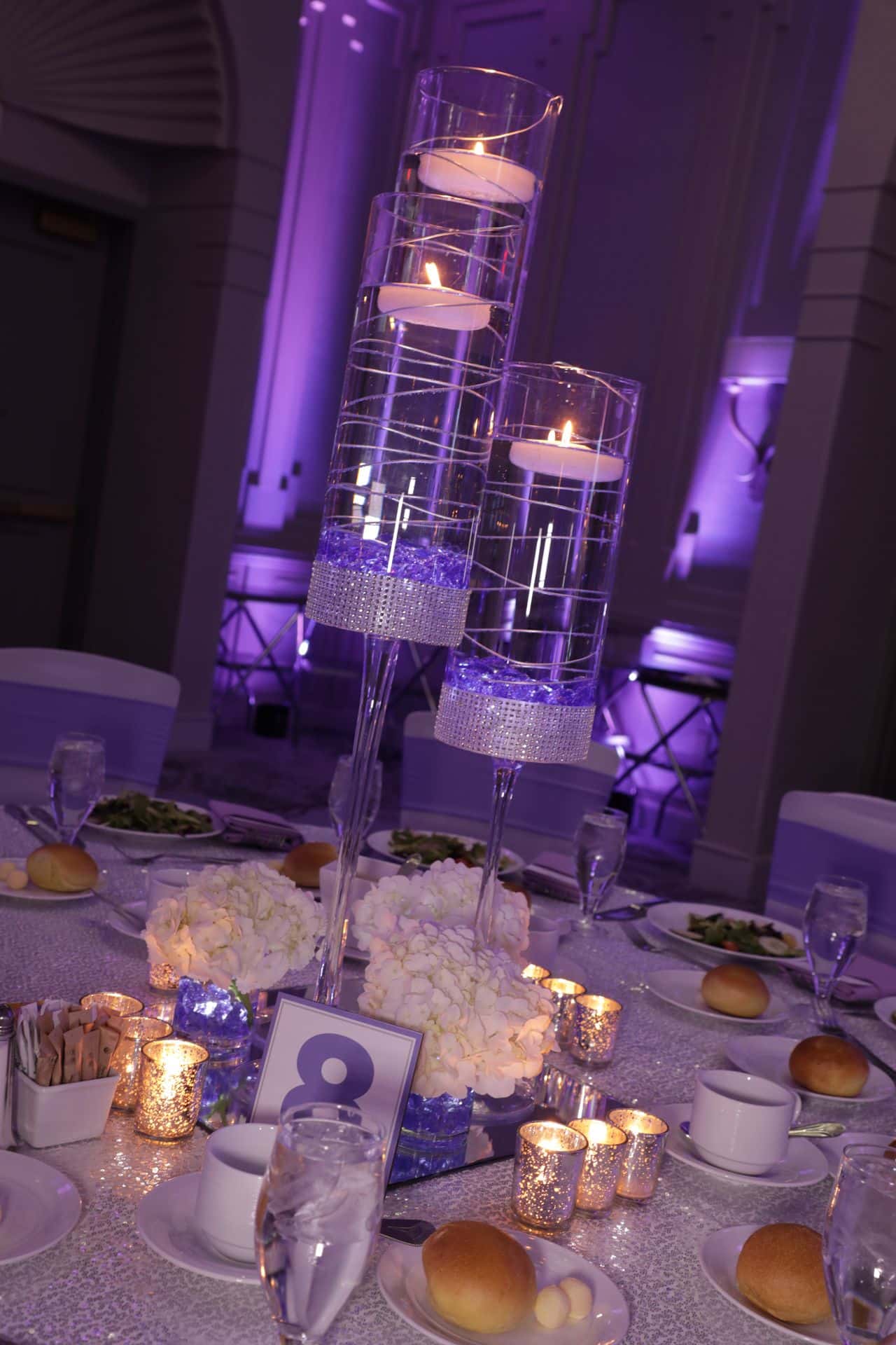 LED Floral Wire Centerpiece with Lavender Chips and Floating Candles