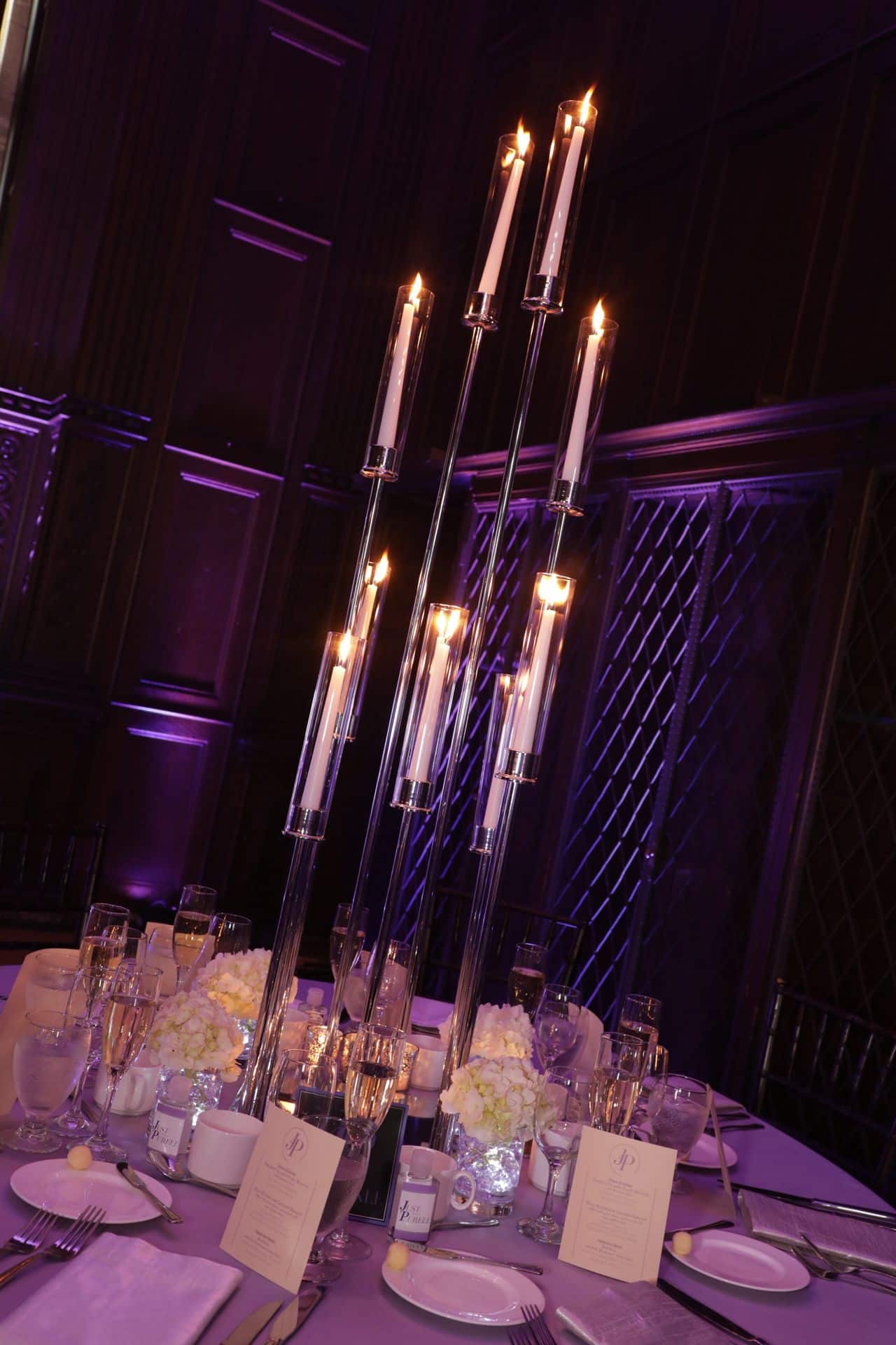 Candelabra Centerpiece with Floral Accents & Votives