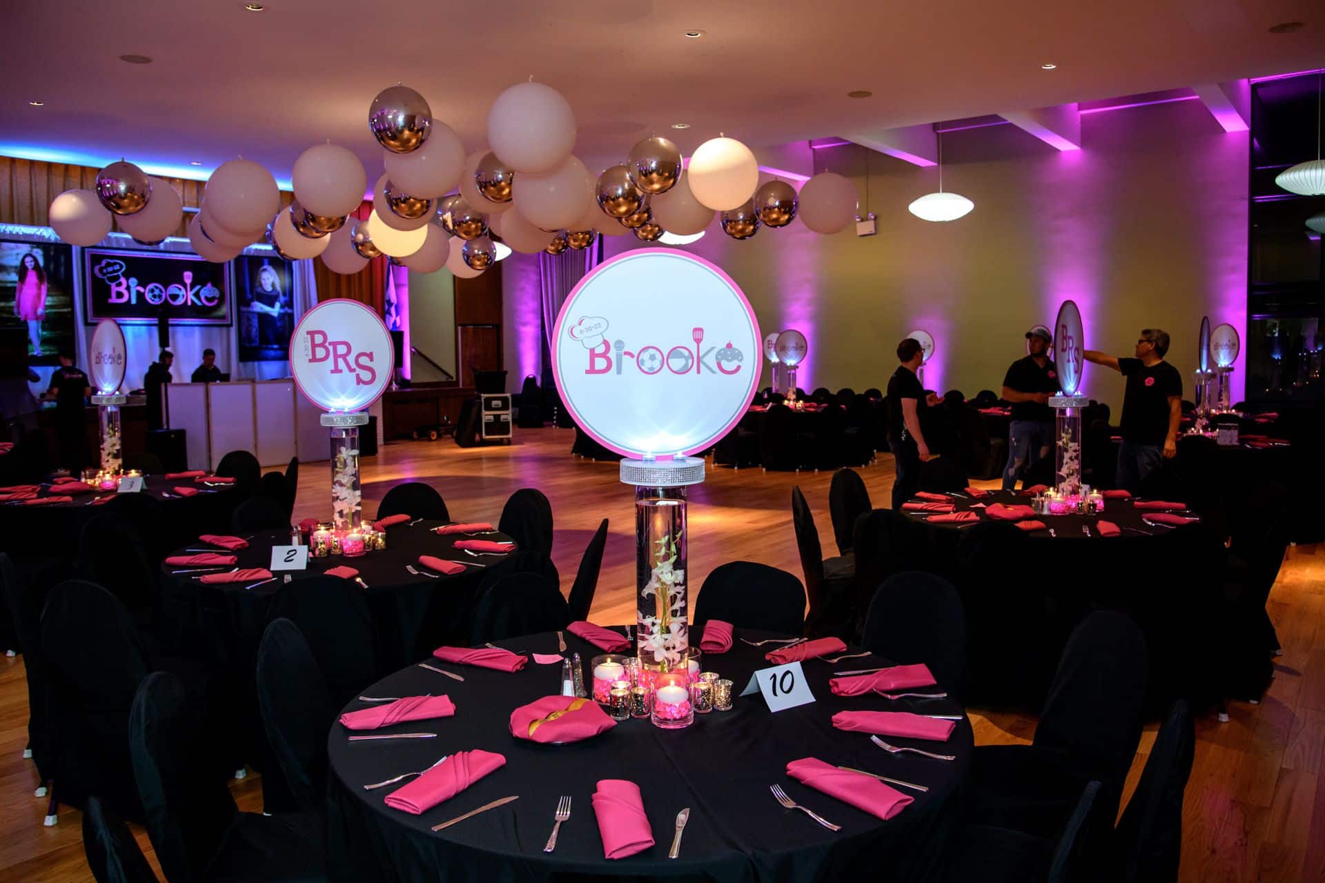 Bat Mitzvah Logo Centerpieces with Orchids and Votives at CSAIR, Riverdale