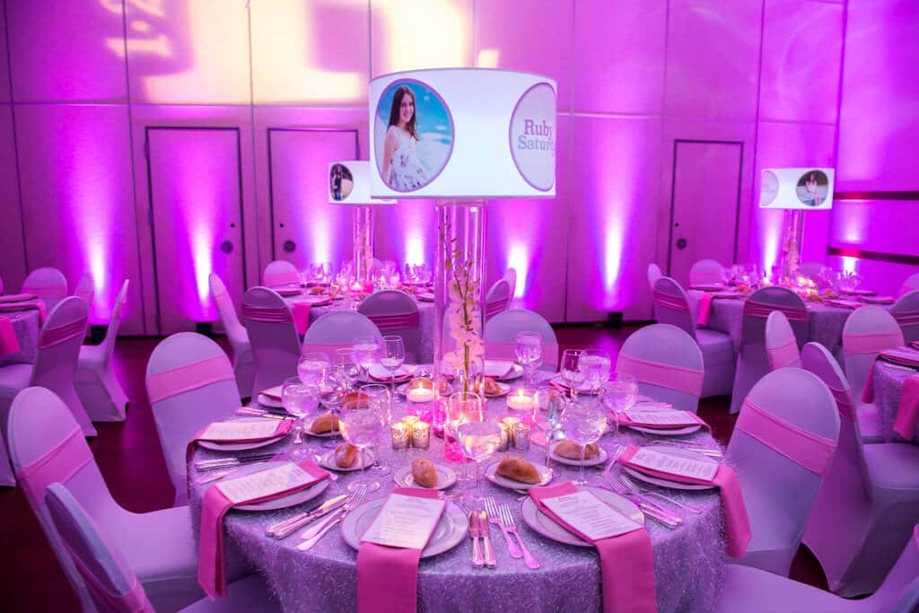 Bat Mitzvah Lampshade Centerpiece with Custom Logo and Photos at Temple Israel Center, White Plains