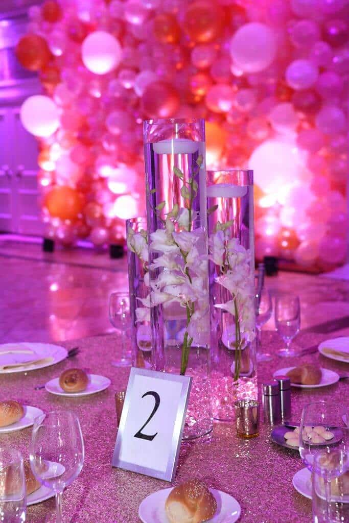 LED Orchid Centerpieces with Light Pink Chips and Gold Votives