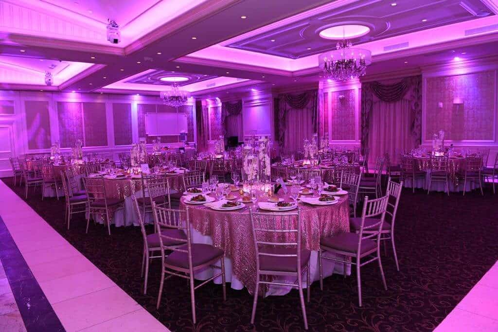 LED Orchid Centerpieces with Light Pink Chips and Gold Votives